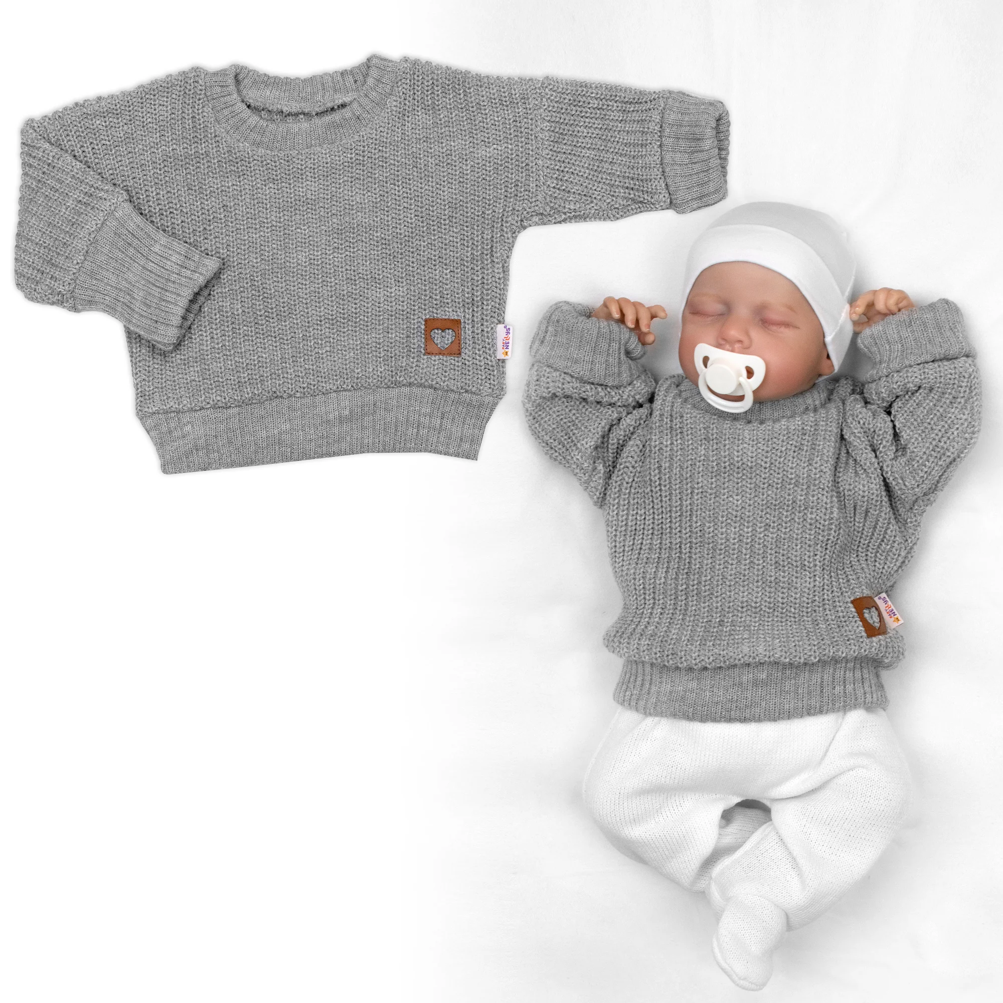 Baby Nellys Rostoucí oversize pletený svetřík pro miminko, šedý vel. 68/74
