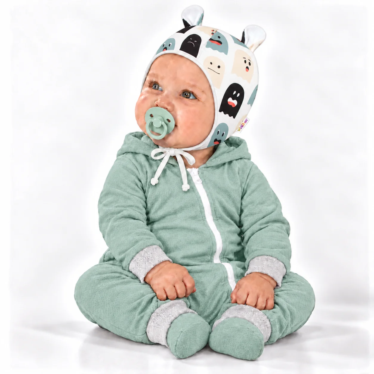 Baby Nellys Kojenecká čepička s oušky na zavazování - Příšerky, bílá/mátová