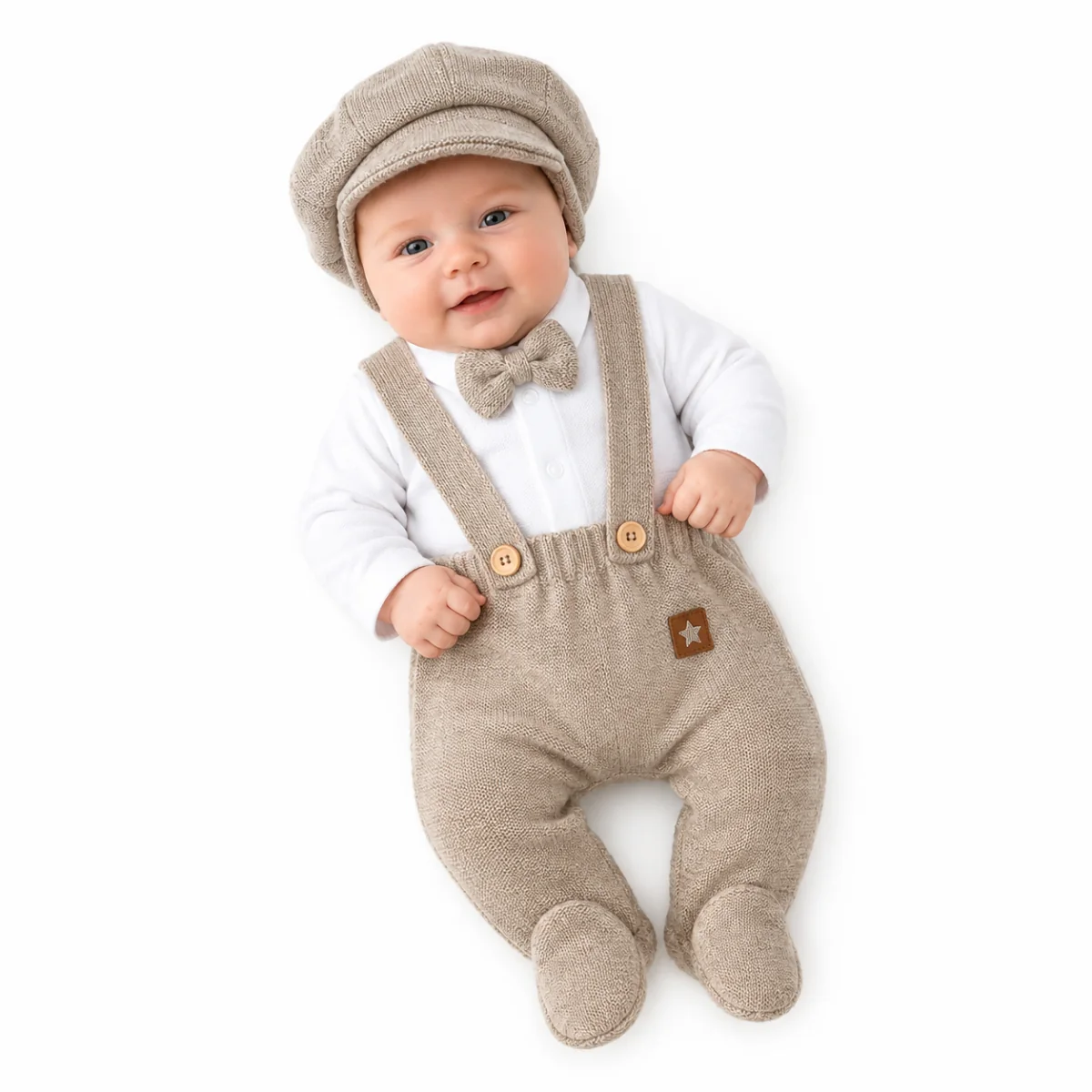Baby Nellys Pletená souprava Gentleman 3D, body, polodupačky s láclem, čepička, béžová, 56
