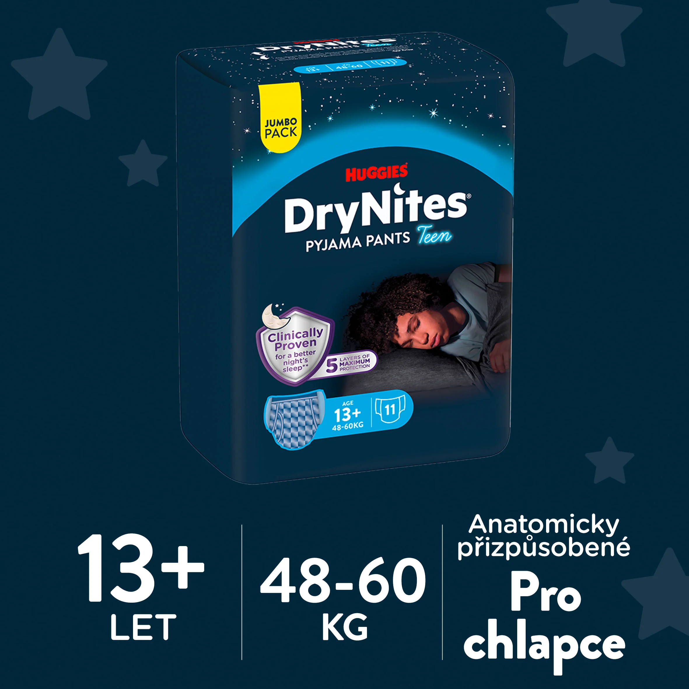 Huggies DryNites Natahovací kalhotky pro chlapce 13+ let 48–60 kg JUMBO 3x11 ks