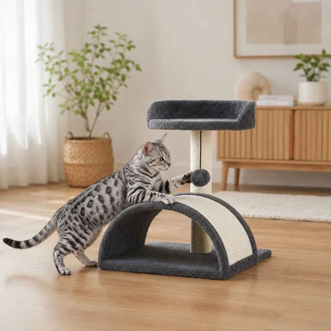 NELLYS Škrabadlo pro kočky s úkrytem a míčkem na šňůrce 42 cm – MDF, sisal, tmavě šedá