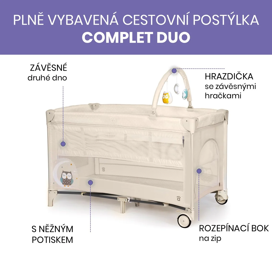 Asalvo COMPLET DUO cestovní postýlka s druhým dnem a hrazdičkou, owl