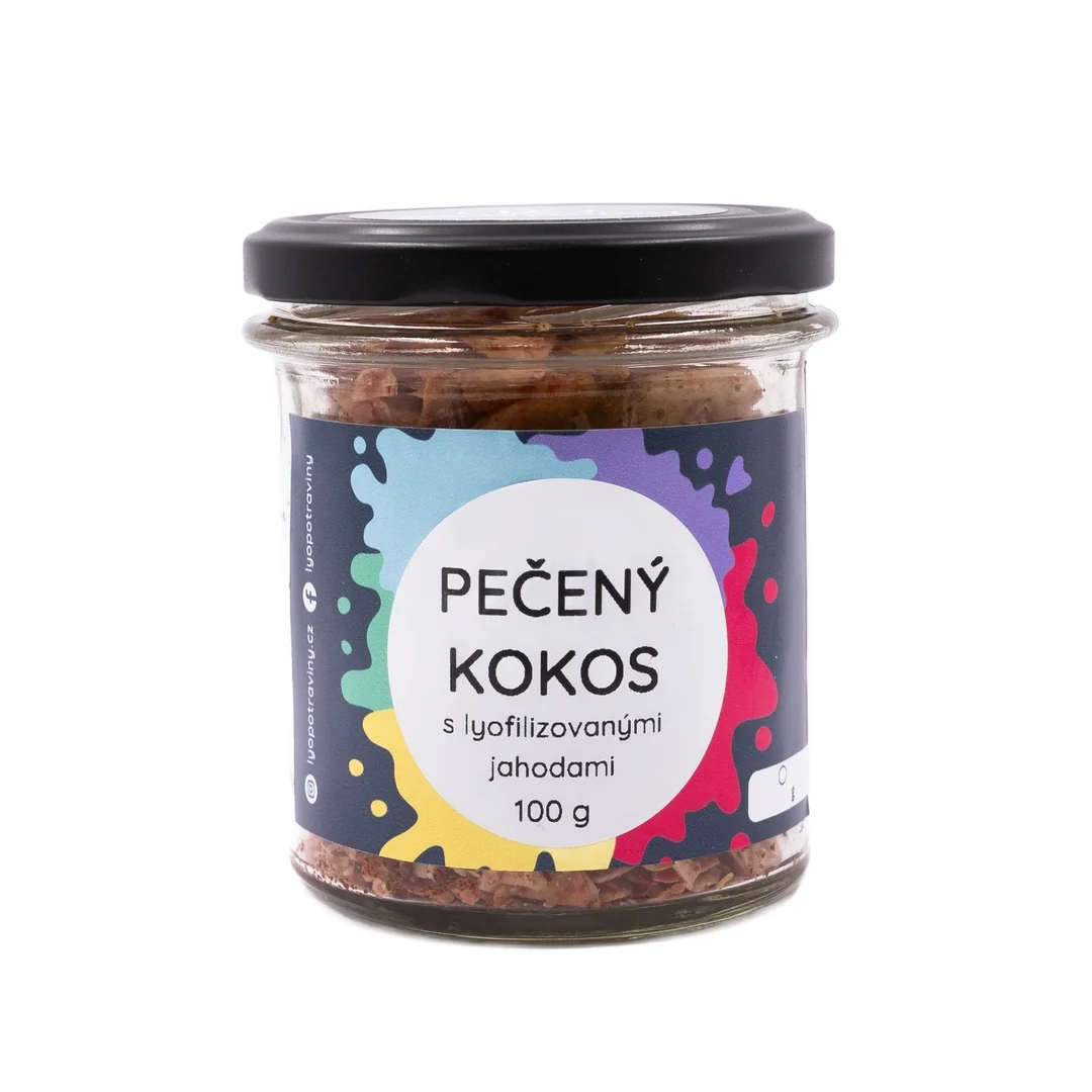 Lyopotraviny Pečený kokos s mandlemi a lyofilizovanými jahodami, 100 g, baleno ve sklenici