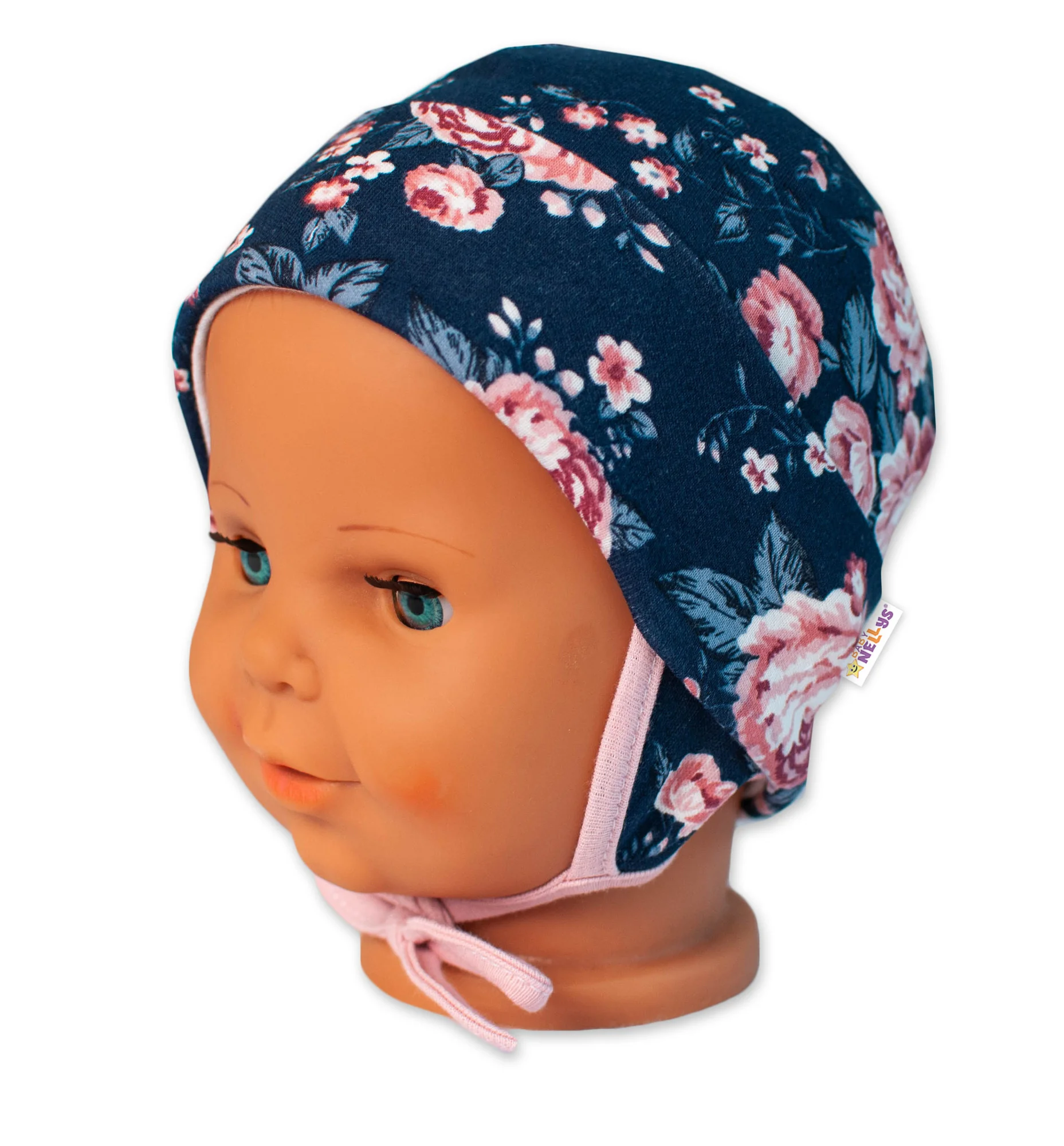 Baby Nellys Bavlněná čepička s oušky na zavazování- Růžičky, pudrová/granátová, vel. 62/68 vel. 62/68