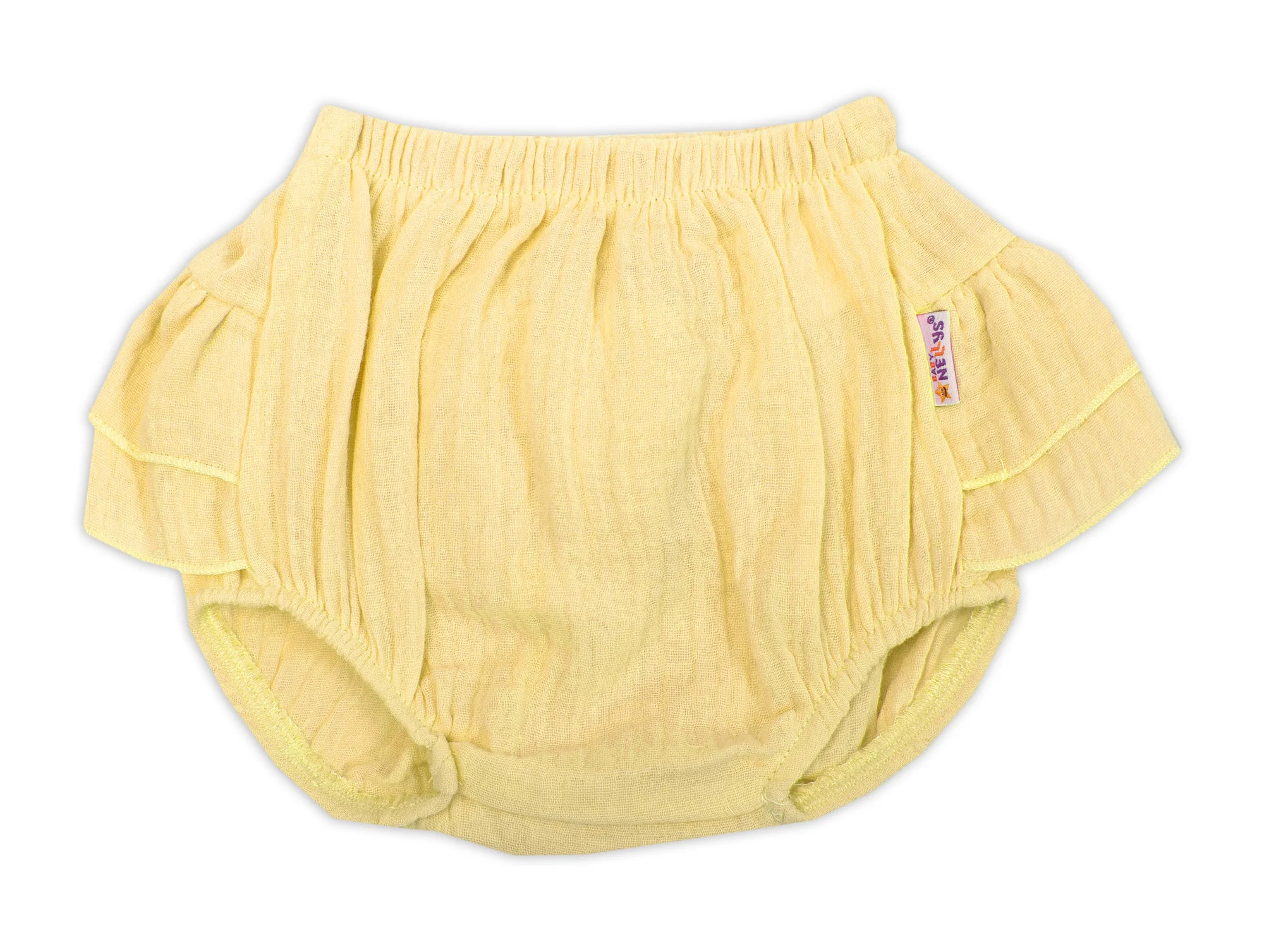Baby Nellys 3-dílná mušelínová soupravička, body, kraťasky + čelenka GIRL, žlutá