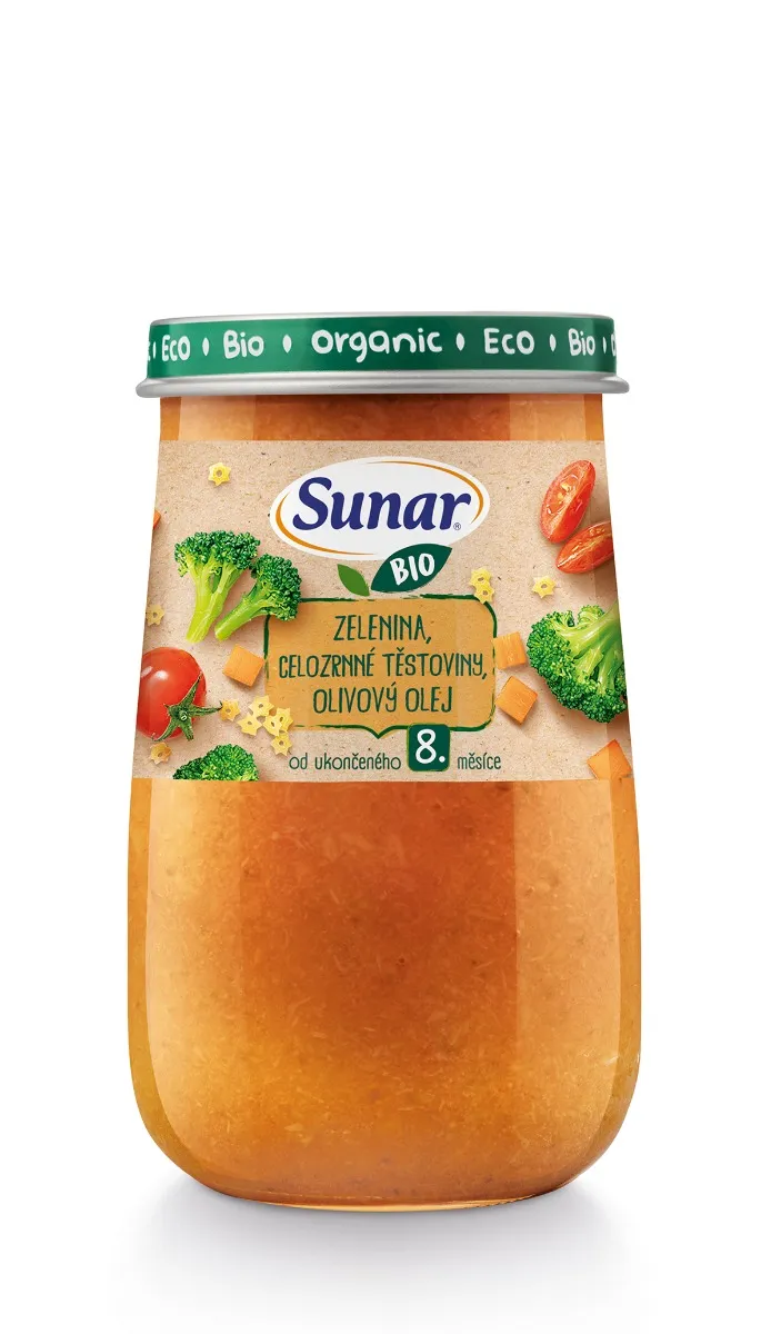 Sunar BIO Příkrm Zelenina, celozrnné těstoviny a olivový olej 8m+ 190 g