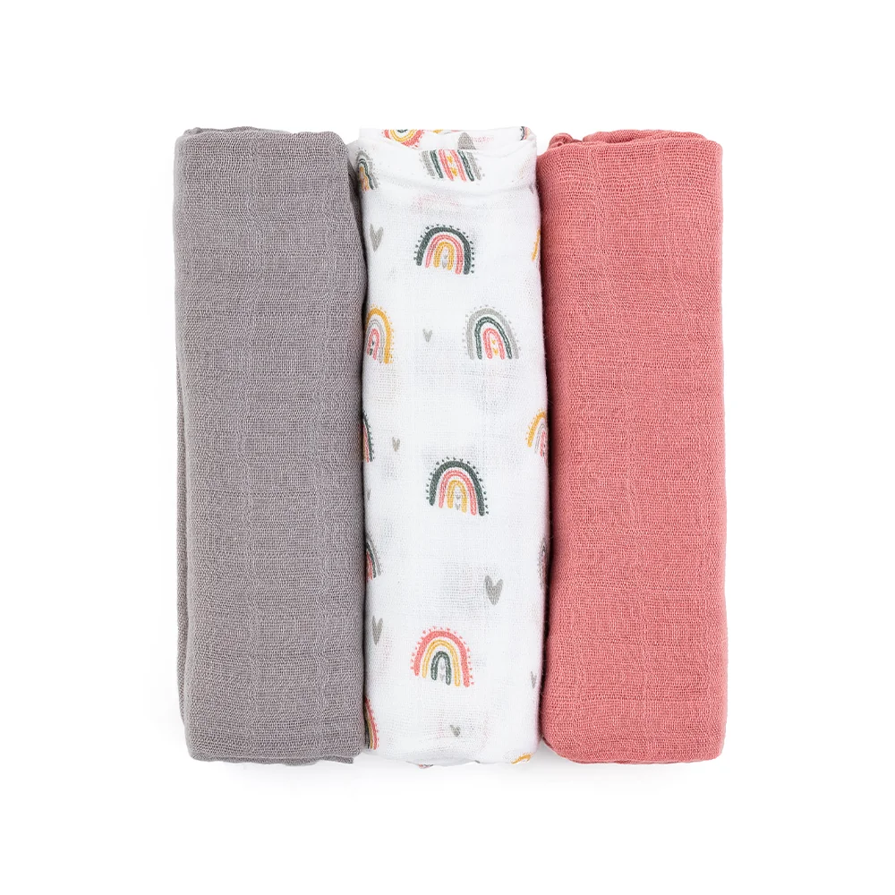 Petite&Mars Sada plen bambusová mušelínová Moussy 68 x 68 cm 3 ks Rose Rainbows
