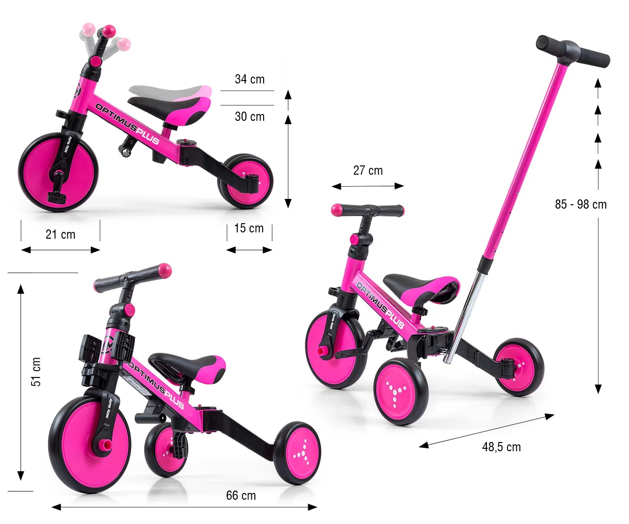 Milly Mally Dětská tříkolka 4v1 Optimus Plus s vodicí tyčí - růžová