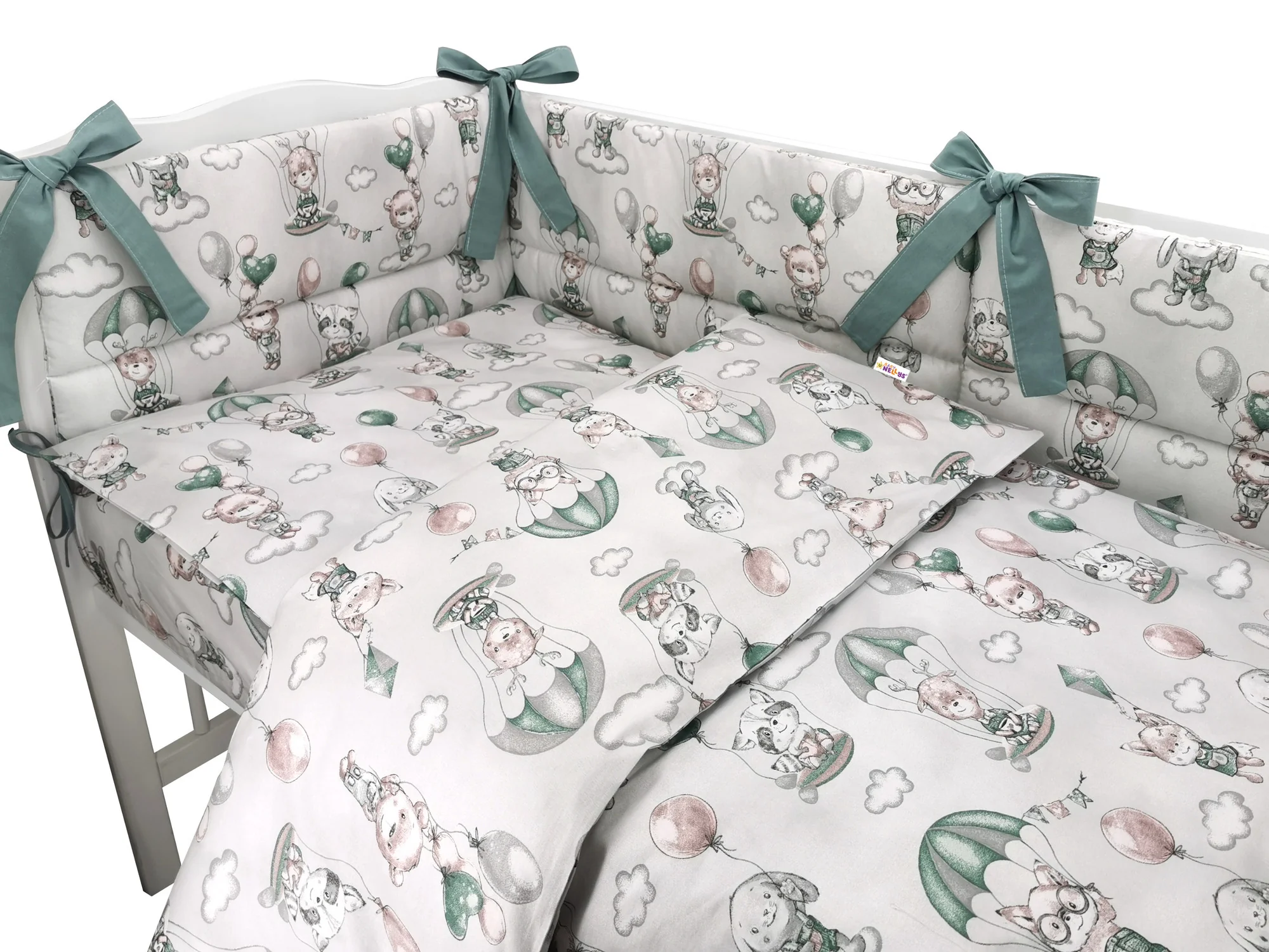 Baby Nellys 3-dílná sada Mantinel s povlečením, Létající zvířátka, zelený
