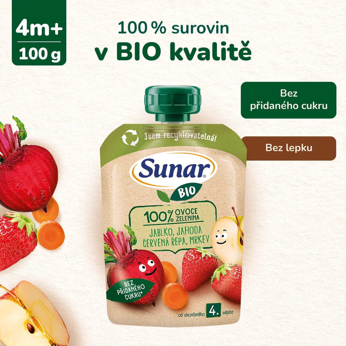 Sunar BIO Jablko, jahoda, červená řepa, mrkev kapsička 100 g