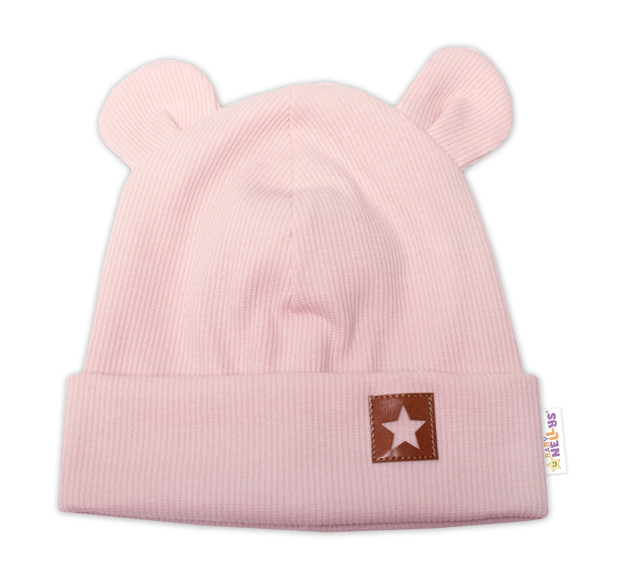 Baby Nellys Žebrovaná dvouvrstvá čepice s oušky TEDDY - pudrová vel. 68/74