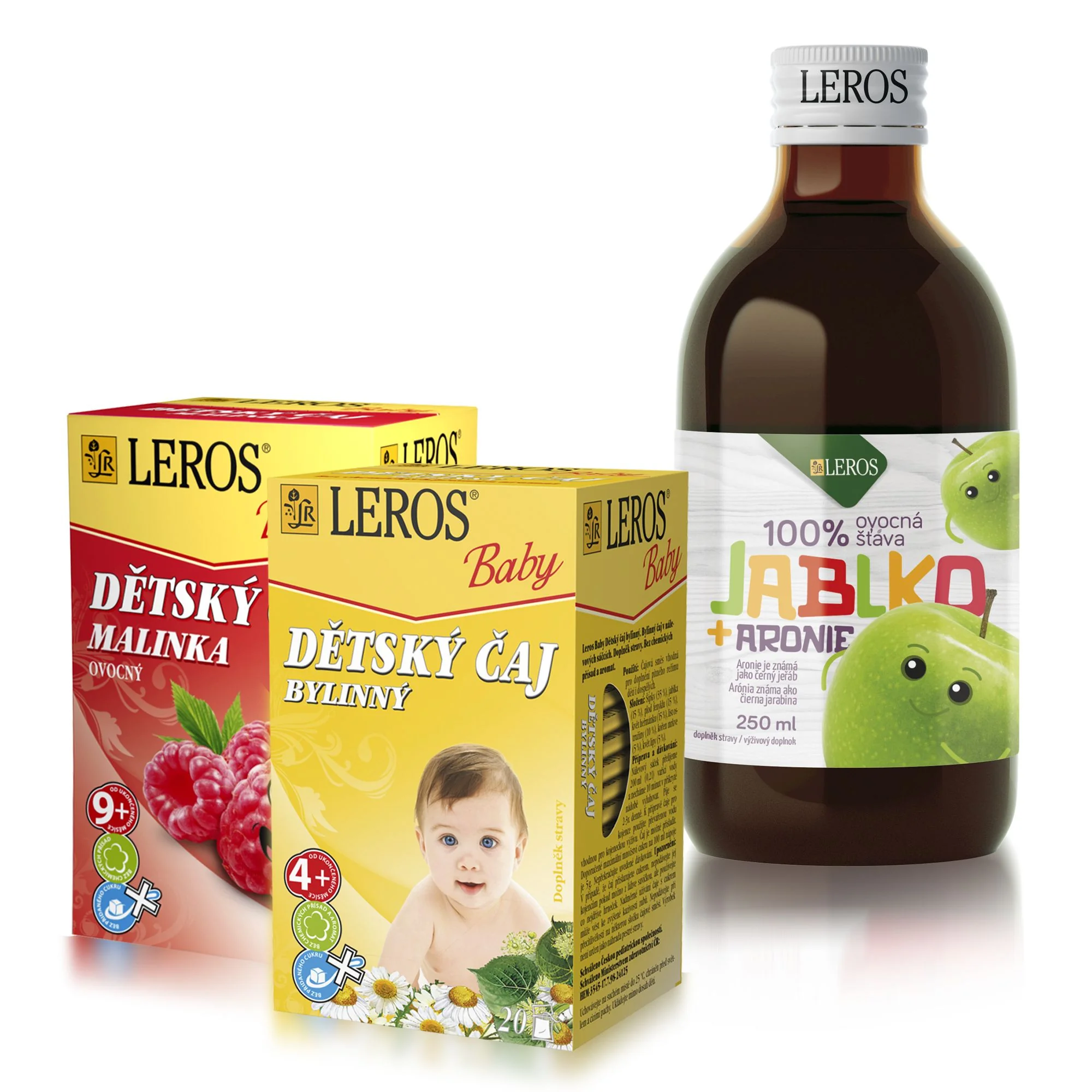 Leros Baby Ovocná šťáva jablko + aronie 250 ml + dětské čaje Bylinný a Ovocný