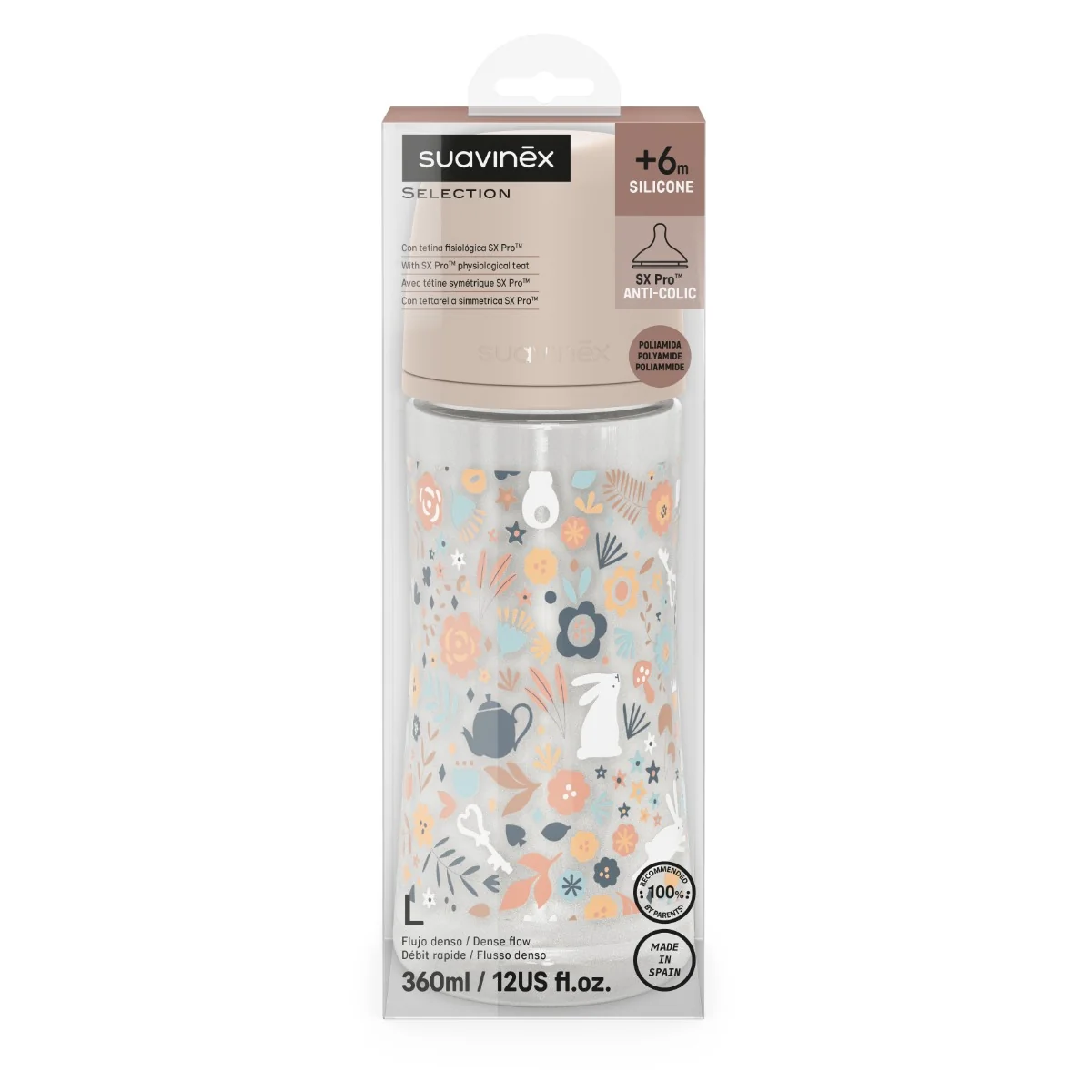 Suavinex Wonderland Kojenecká láhev průtok L 6m+ 360 ml 1 ks liberty růžová