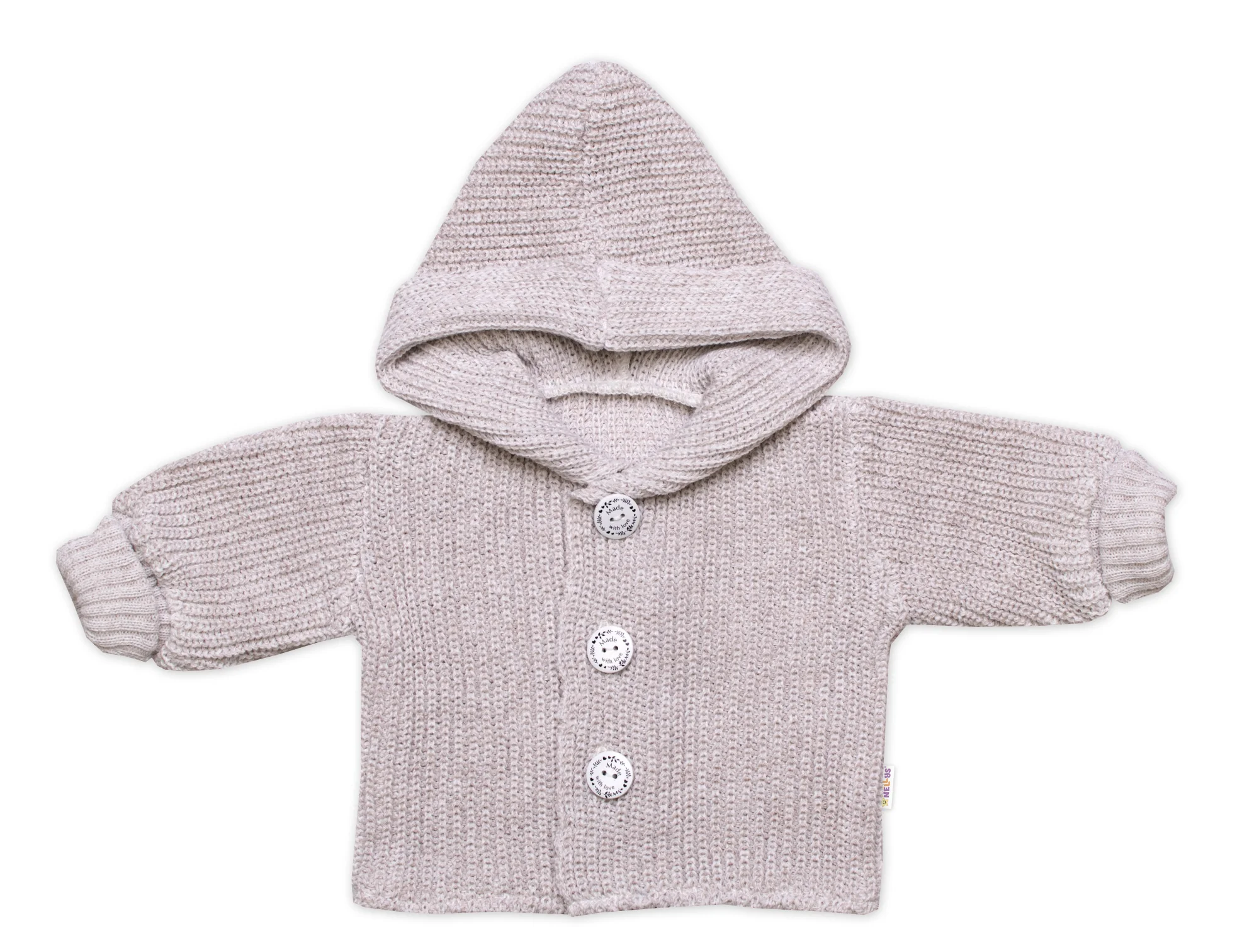 Baby Nellys Pletený svetřík s kapucí a knoflíčky Made with Love, béžový melírek