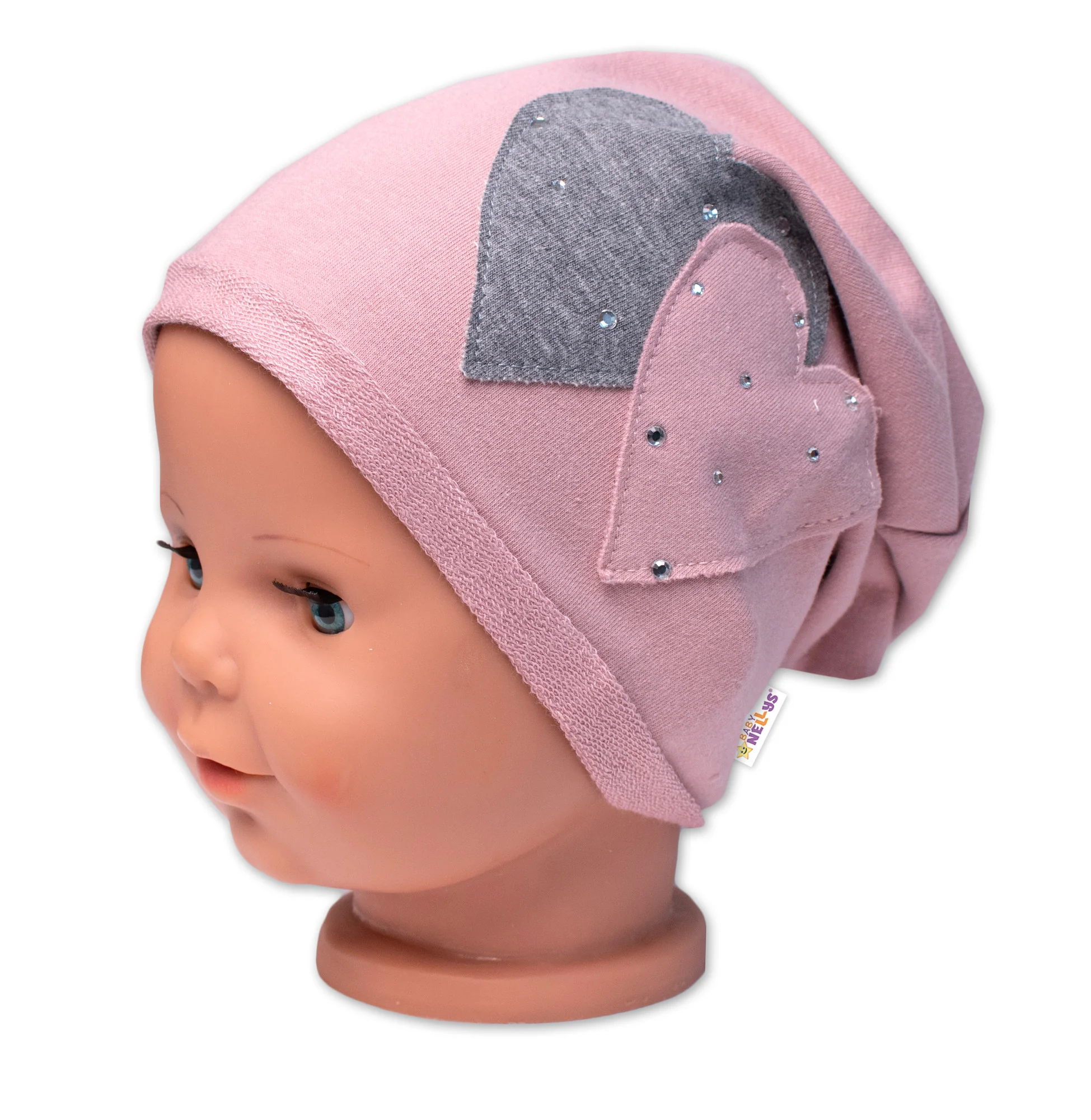 Baby Nellys Dětská čepice bavlna, Srdíčka s kamínky, pudrová vel. 104/134