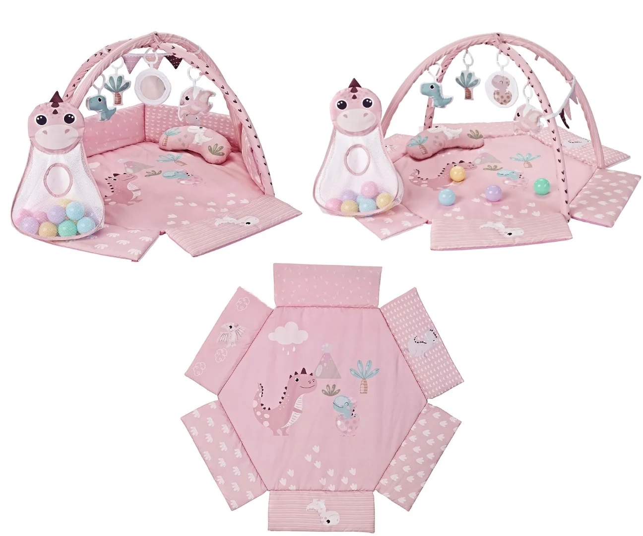 Milly Mally Hrací deka TinyMini Dino Pink s míčky – edukativní podložka pro miminka