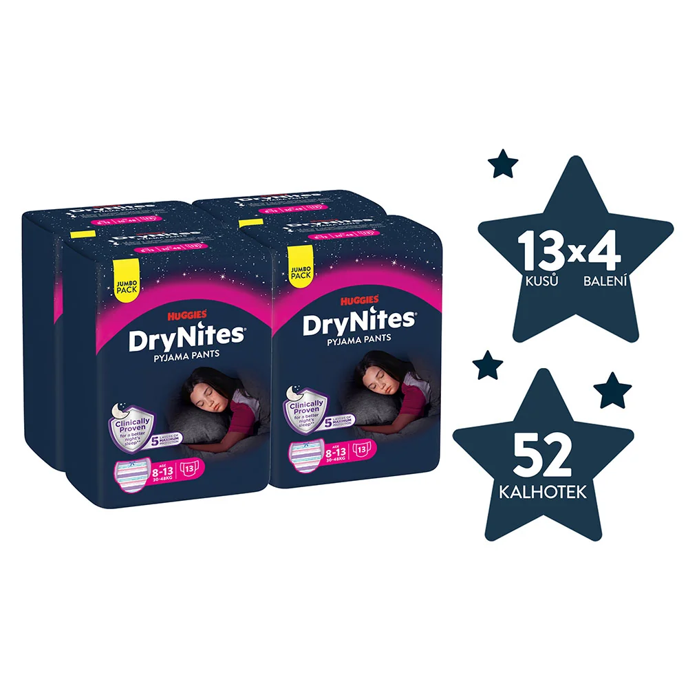 Huggies DryNites Natahovací kalhotky pro dívky 8–13 let 30–48 kg JUMBO 4x13 ks