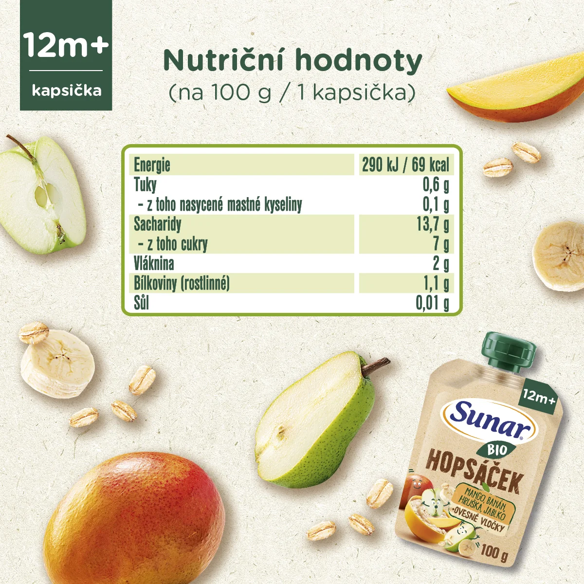 Sunar BIO Hopsáček Mango, banán, hruška, jablko, oves kapsička 100 g