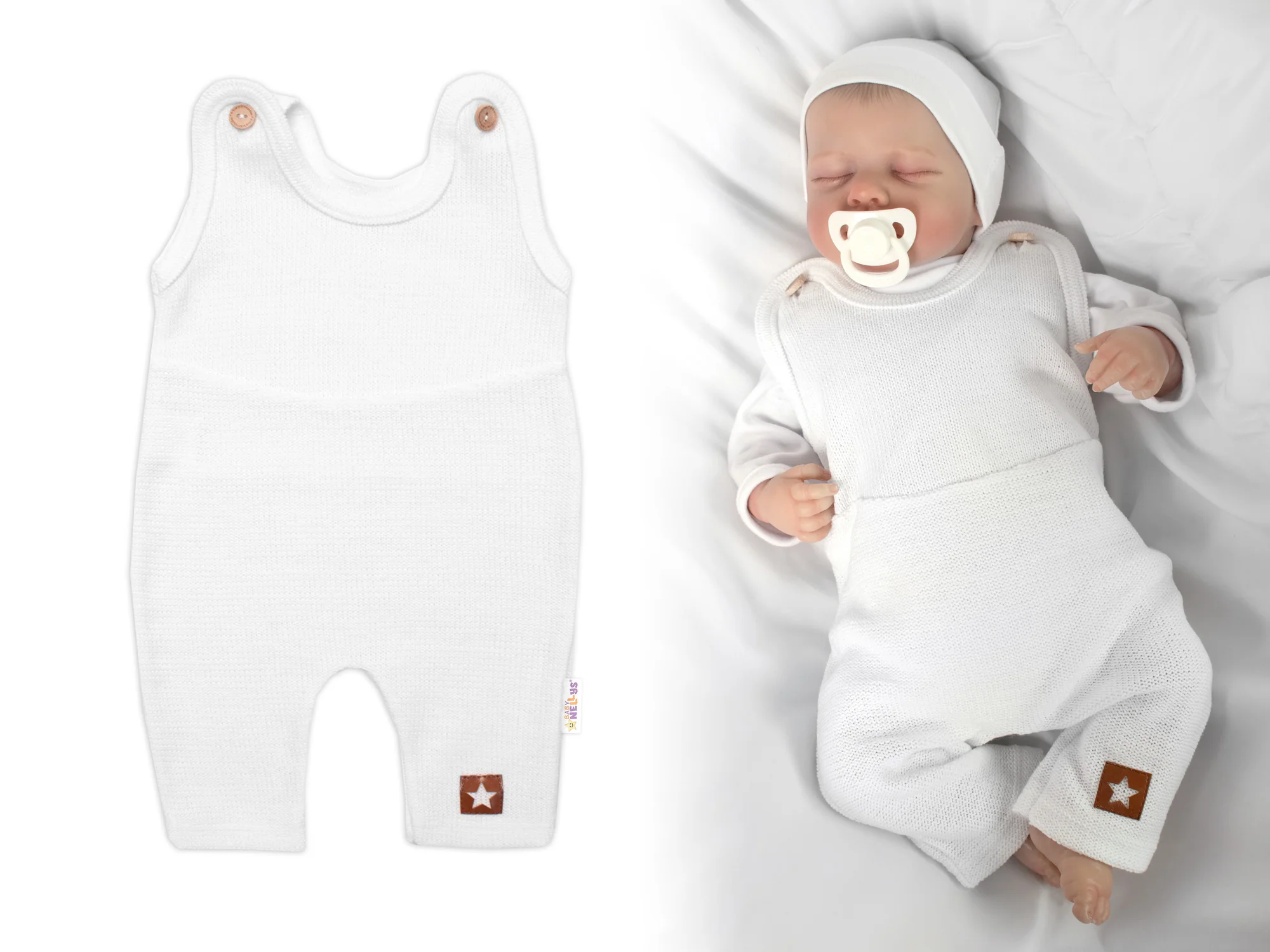 Baby Nellys Pletené láclové kalhoty Boy Star, bílé, vel.56