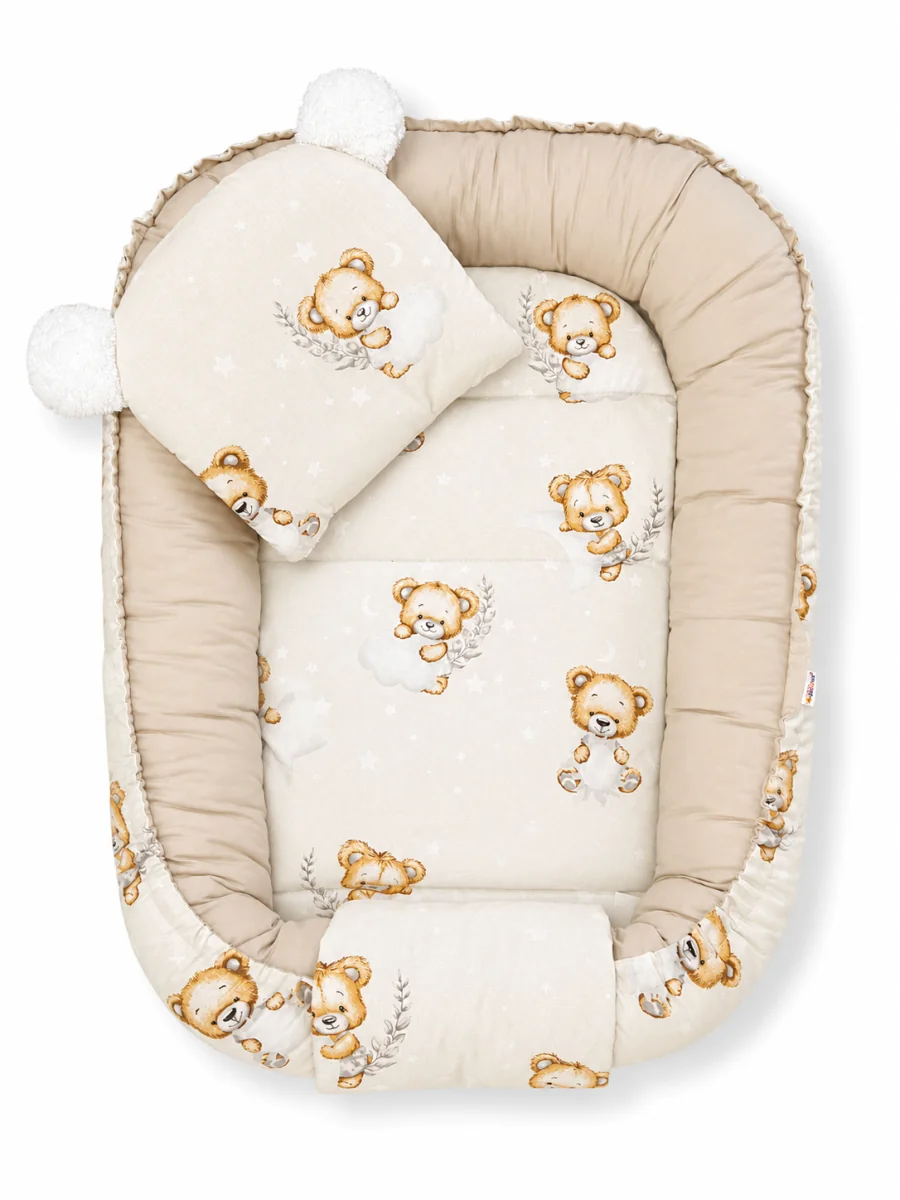 Baby Nellys Oboustranné hnízdečko, podložka + polštářek 3D,Sleepy Teddy, béžové