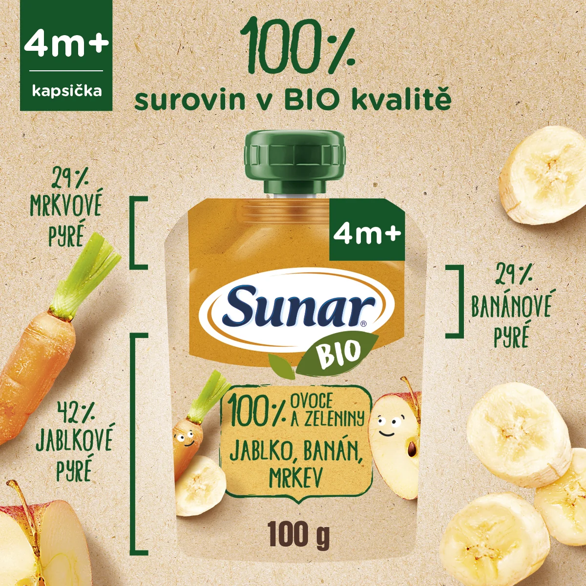 Sunar BIO Jablko, banán, mrkev kapsička 100 g