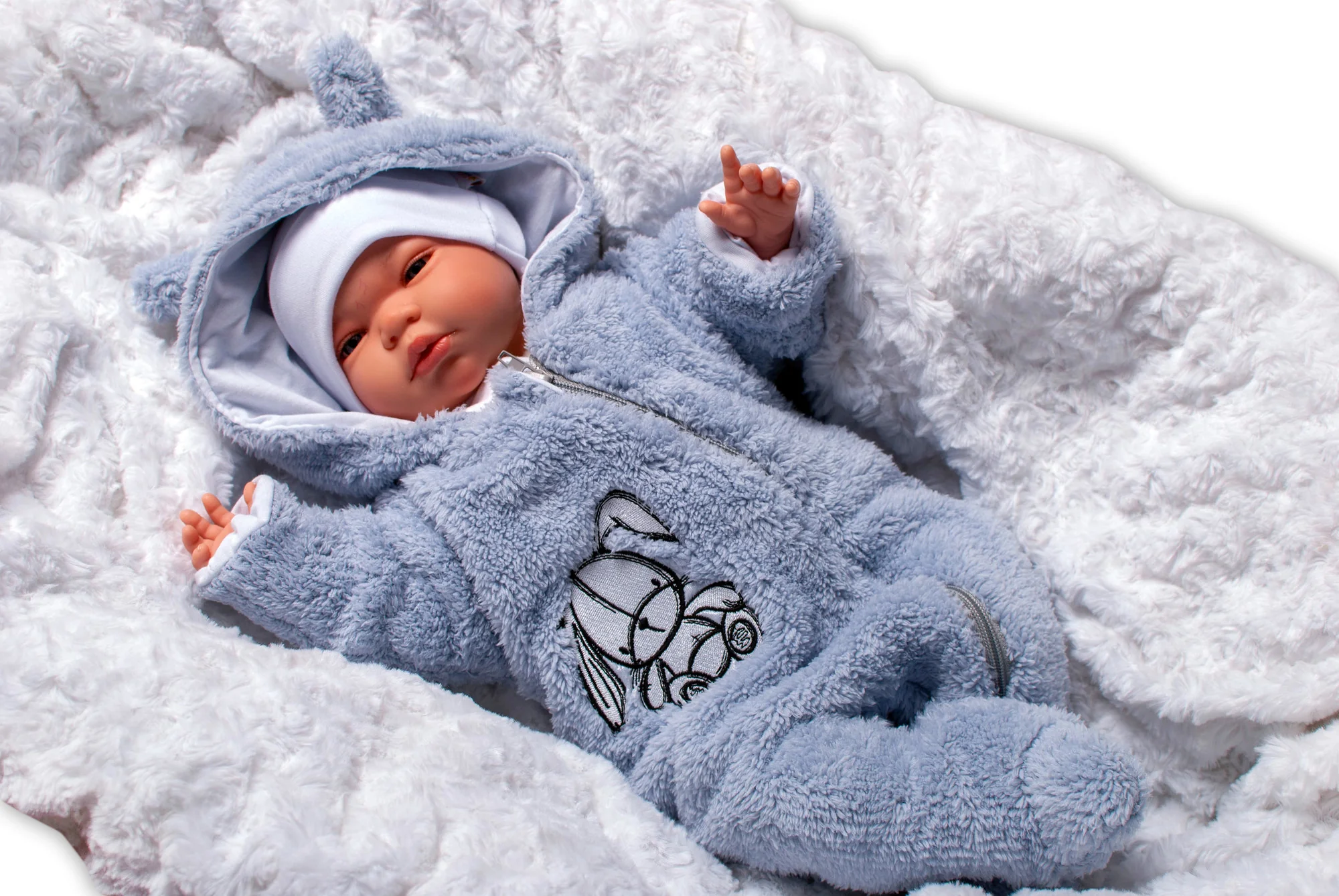 Baby Nellys Chlupáčkový overálek s kapucí, Cute Bunny - modrý, vel. 68 vel. 68