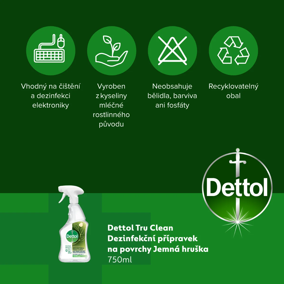 Dettol TRU CLEAN Desinfekční sprej na povrchy 750 ml jemná hruška