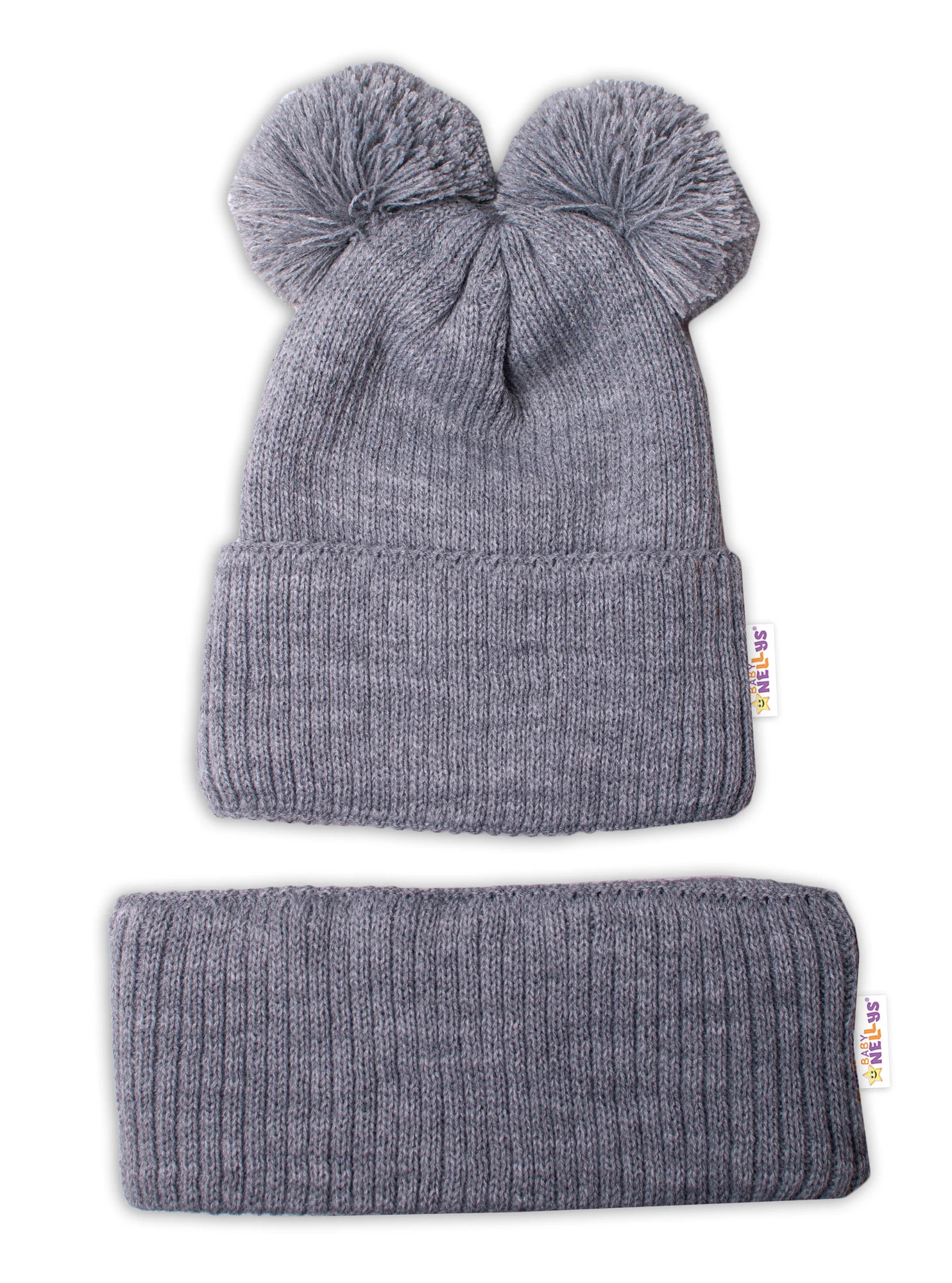 Baby Nellys Zimní pletená čepice + nákrčník - šedá s bambulkami