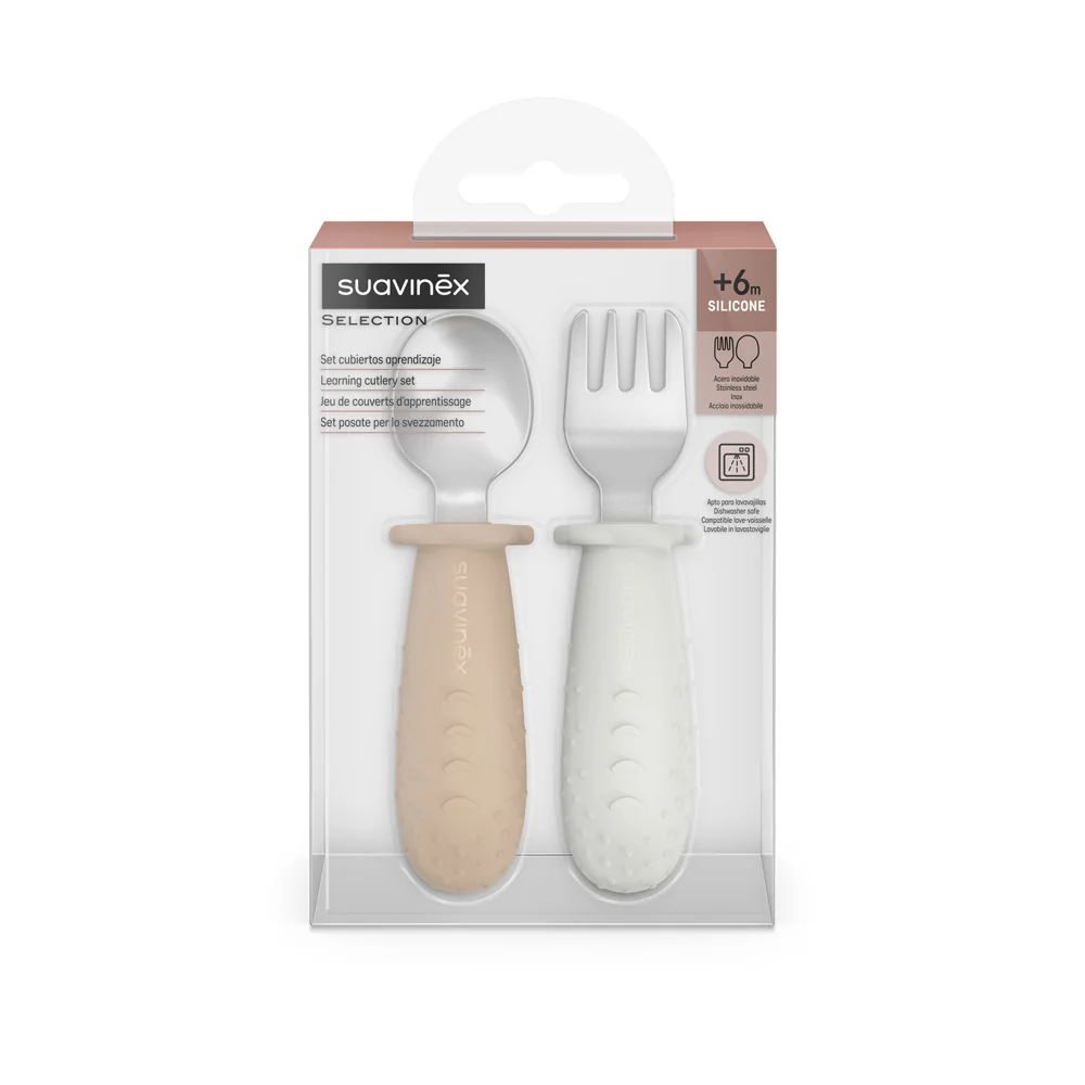 Suavinex Colour Essence Lžička a vidlička 6m+ 2 ks krémové