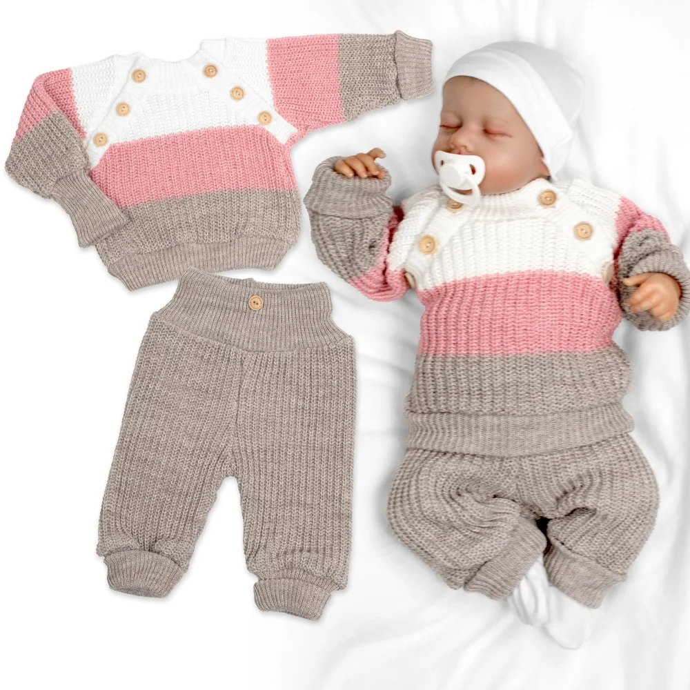 Baby Nellys Rostoucí pletený svetřík a kalhoty s knoflíčky Girl, 2D - proužky, vel. 80/86