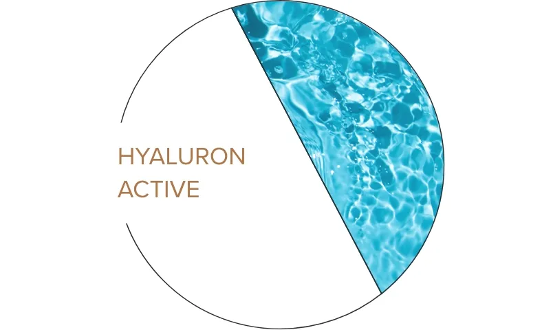 HYALURON ACTIVE Cílená péče na bázi 5 typů prvotřídní kyseliny hyaluronové  pomáhá k lepší tkáňové obnově a přísunu živin a kyslíku. Pleť je díky tomu pevná a pružná.
