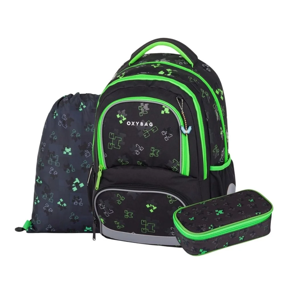 Oxybag OXY NEXT - školní set Green Cubes 3 ks: batoh, penál, sáček batoh, penál, sáček
