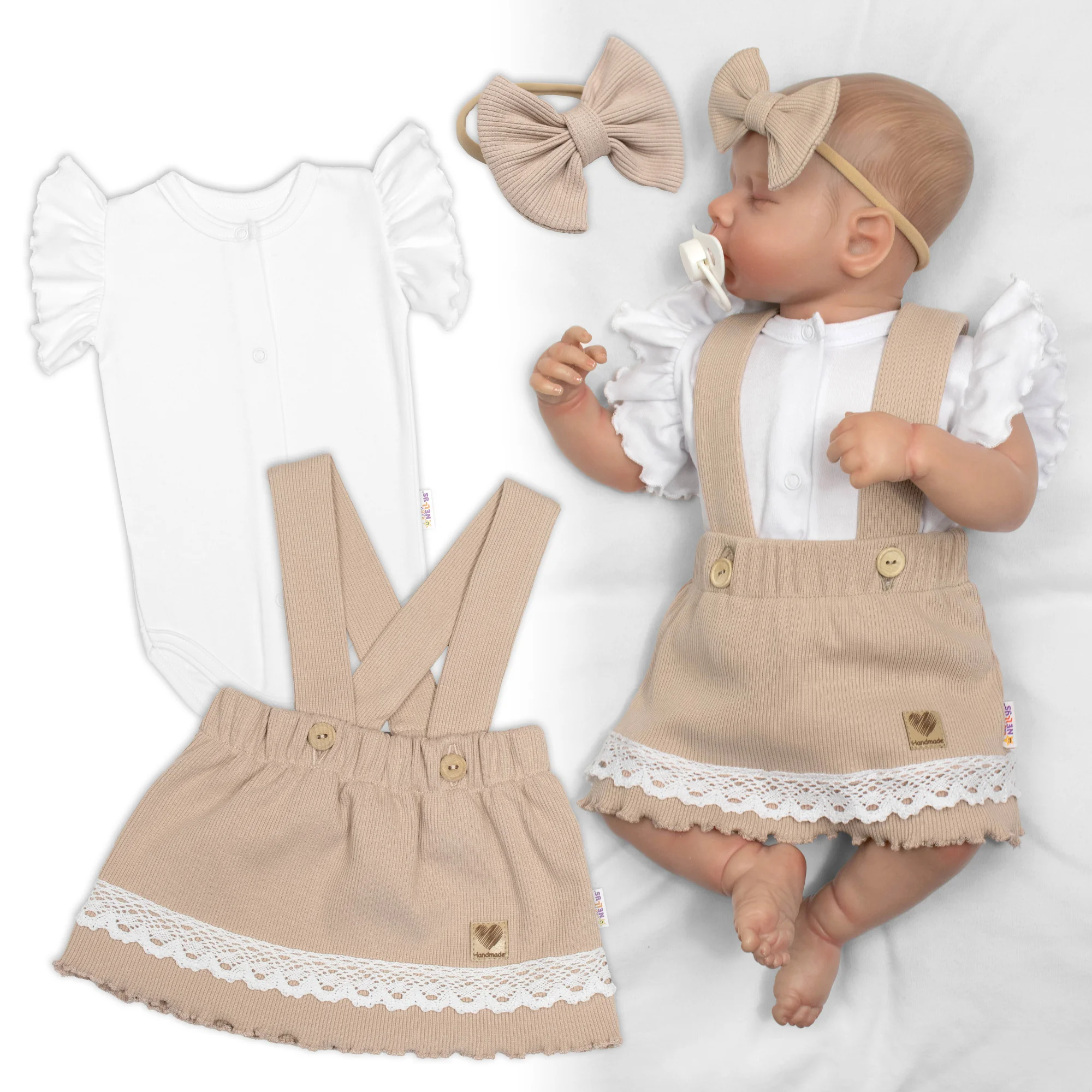 Baby Nellys 3D sada LADY, body kr. rukáv, suknička s láclem, čelenka, béžová/bílá, 74