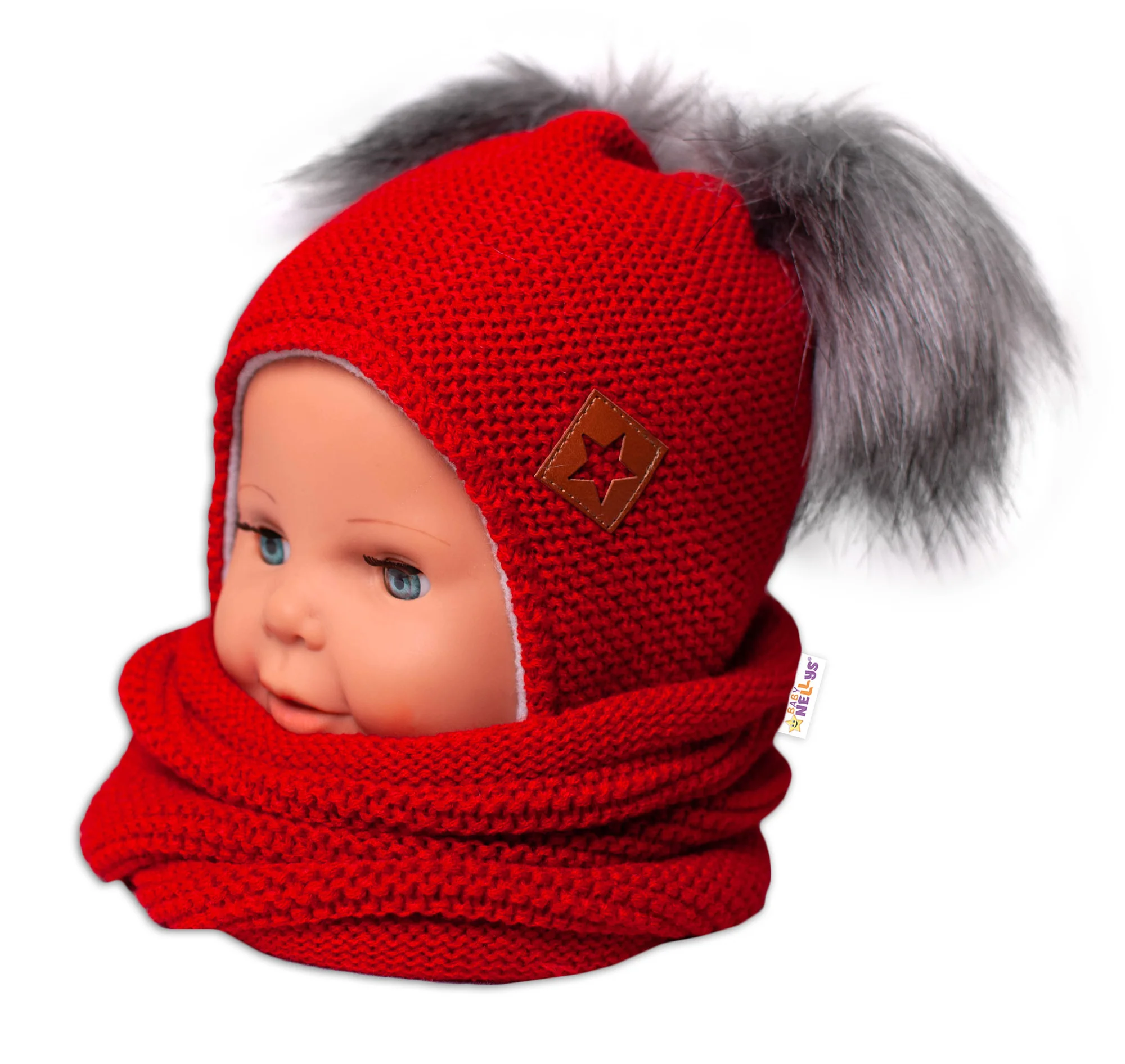 Baby Nellys Zimní čepice s fleecem Star + komínek,červená,104/116