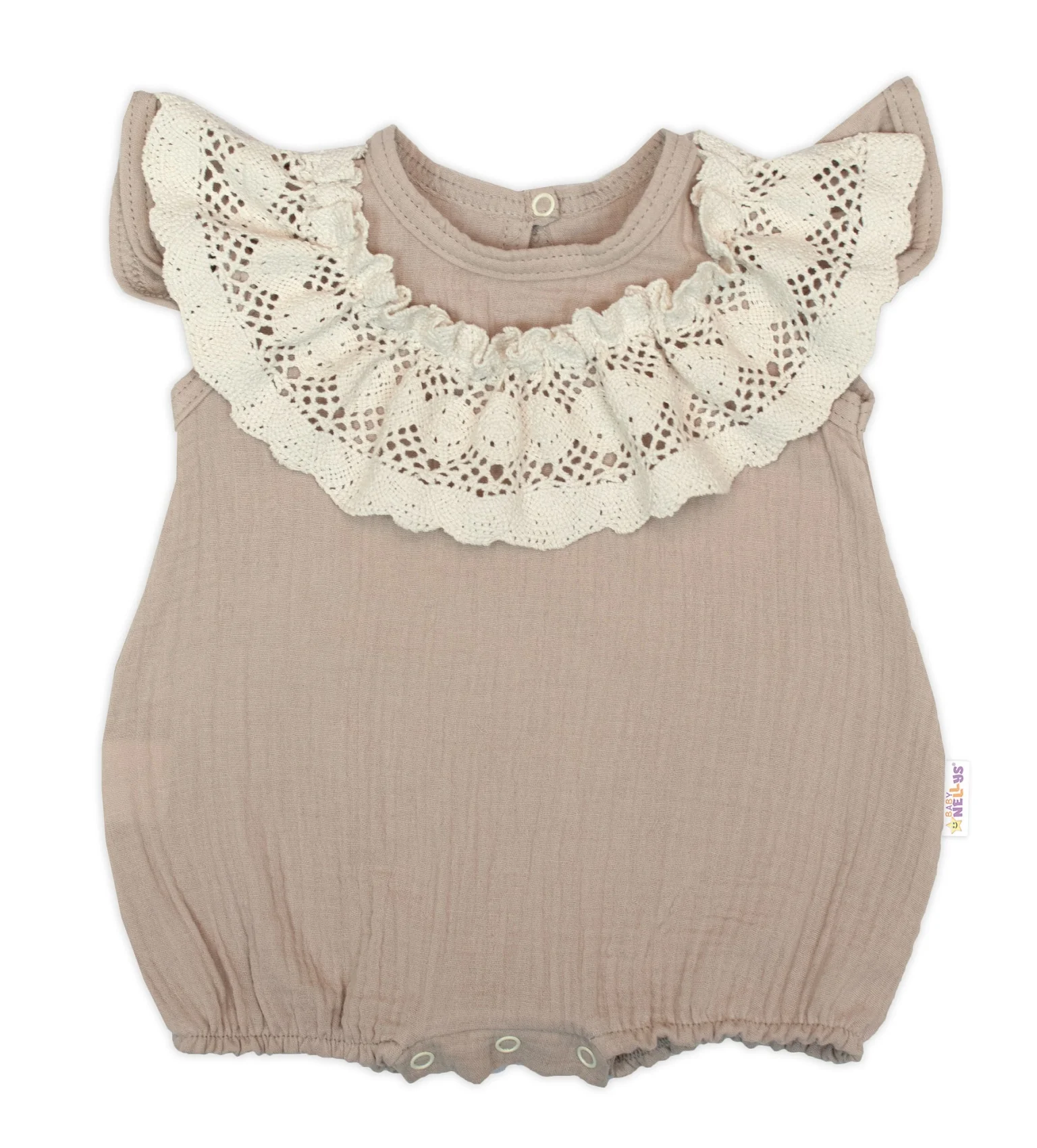 Baby Nellys Body s nohavičkami, mušelín s krajkou BOHO - béžové