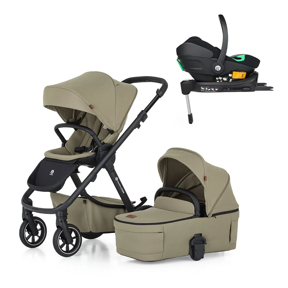Petite&Mars Kočárek kombinovaný ICON 2v1 Mossy Green LITE RWS + autosedačka, základna