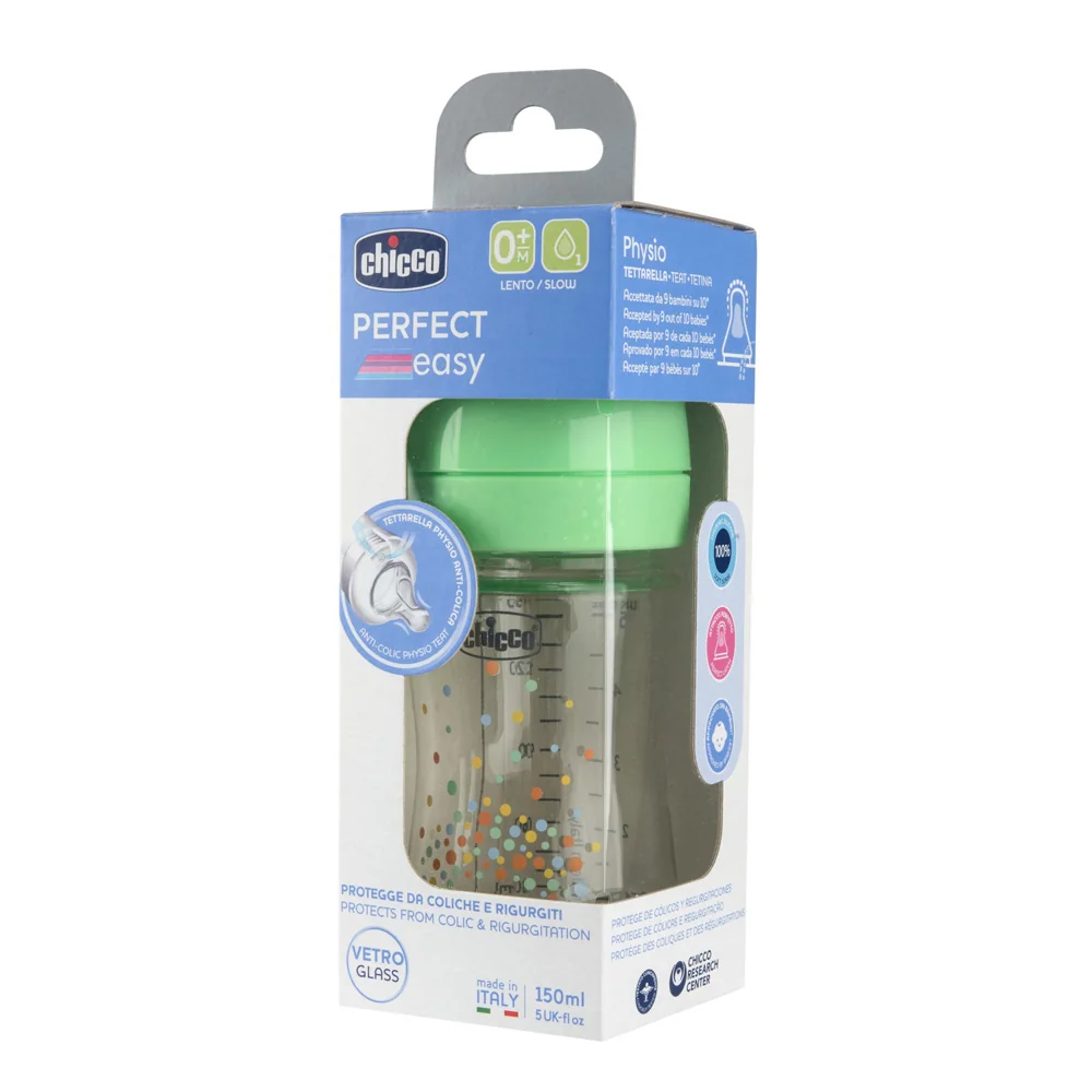 Chicco Kojenecká skleněná láhev Perfect Easy pomalý silikonový průtok 0m+ 150 ml neutrální