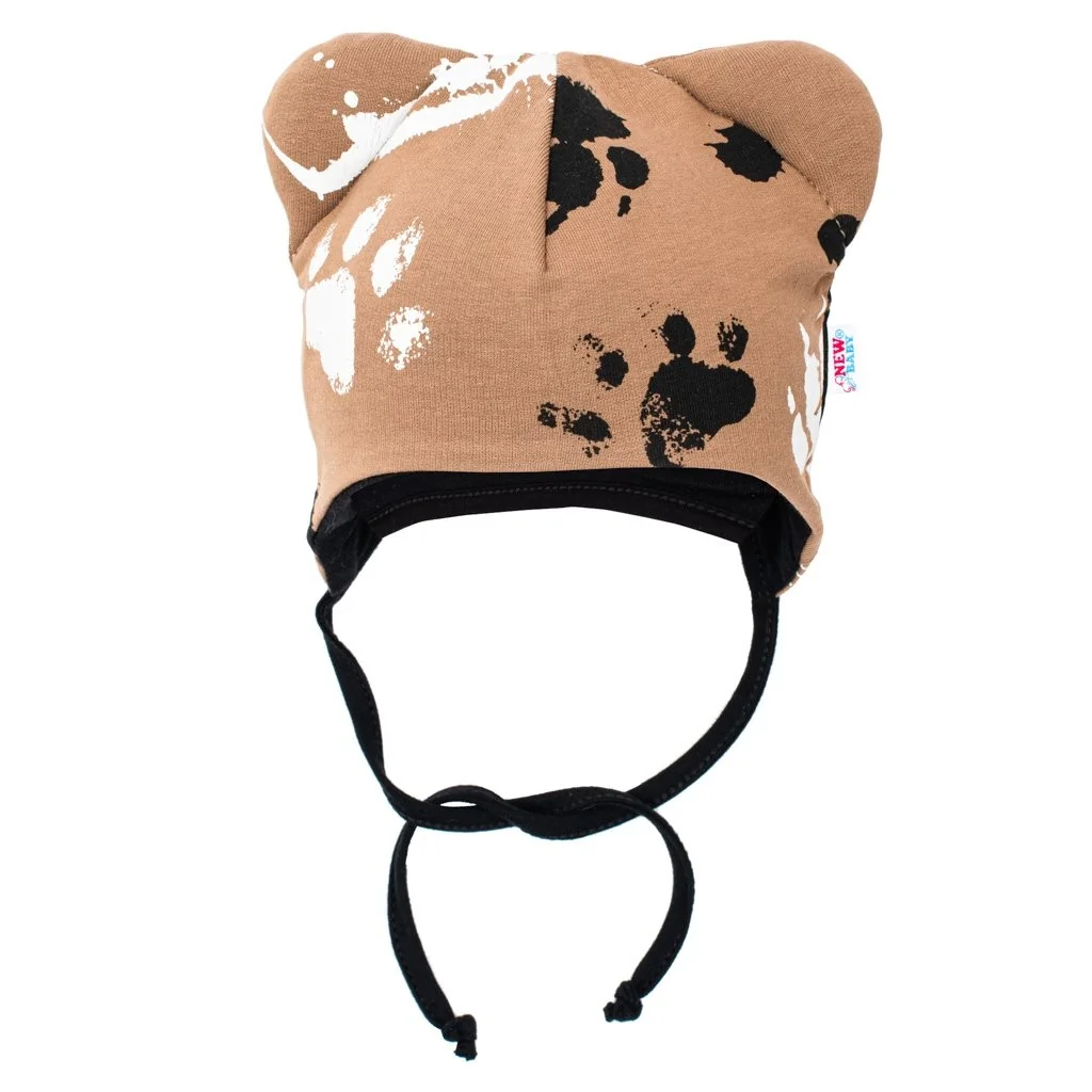 New Baby Kojenecká bavlněná čepička s oušky  tlapka hořčicová, vel. 56 (0-3m)