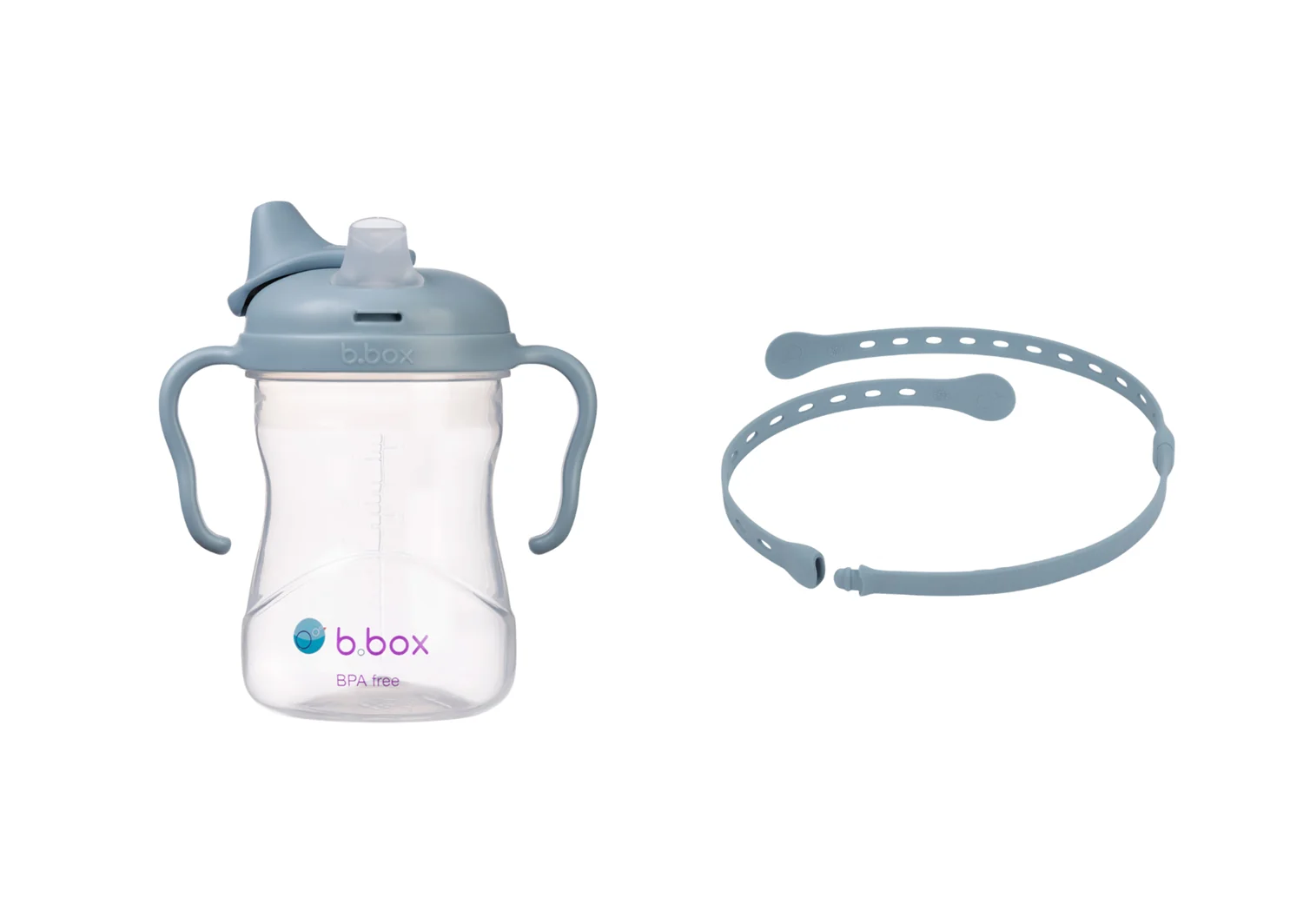 B.BOX Hrneček s pítkem 240 ml + Univerzální silikonový pásek - set modrý