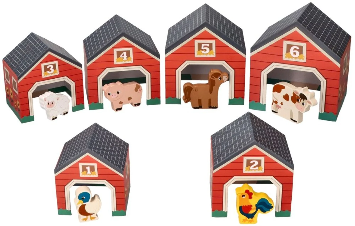 Adam Toys Domečky/pyramidy s 6 dřevěnými zvířátky, Farma
