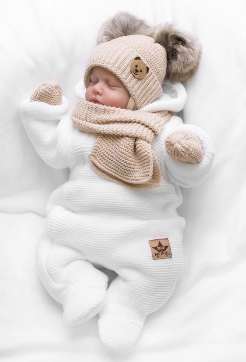 Baby Nellys Dětská sada, zimní čepice s šálou + rukavičky 3D, Teddy Bear - béžová
