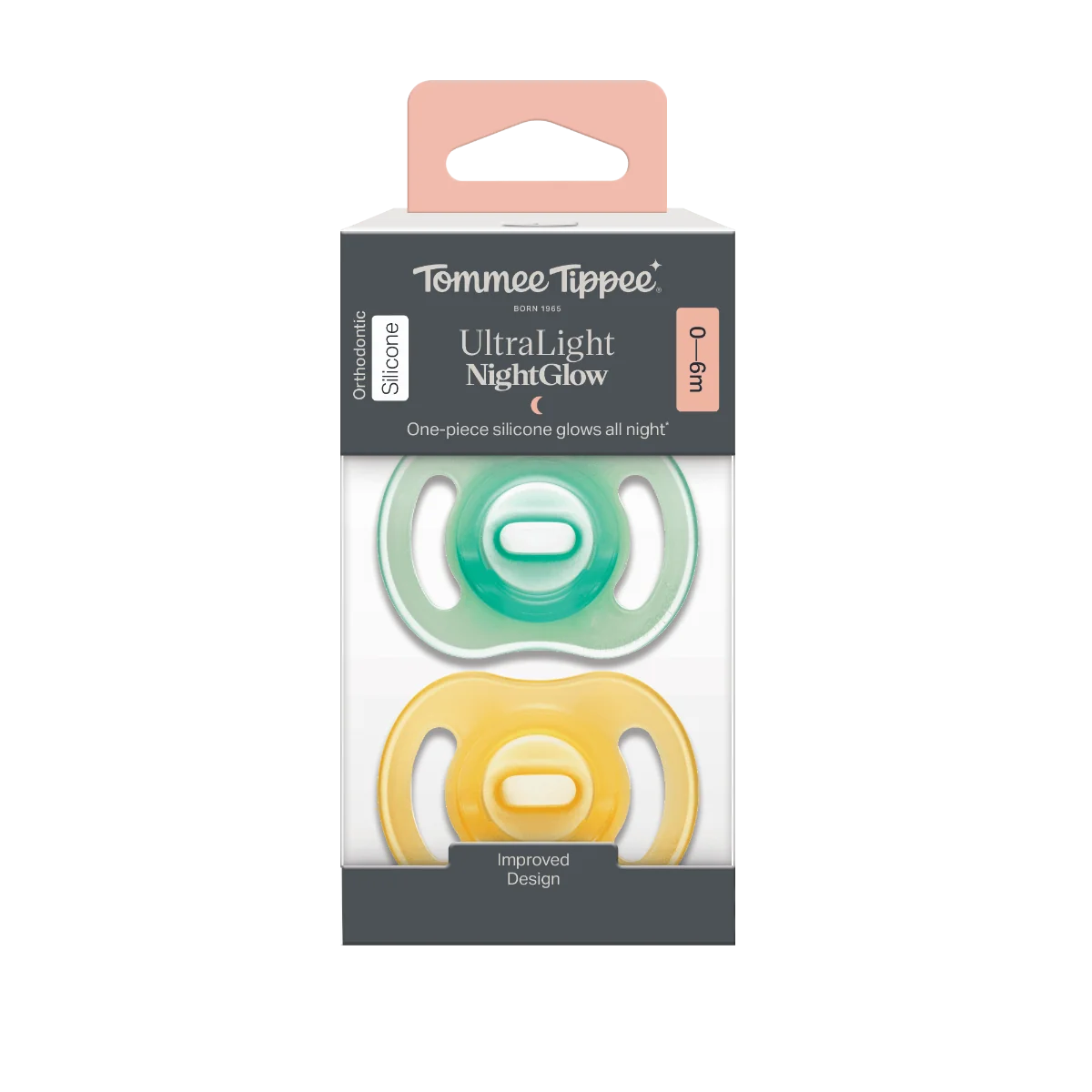 Tommee Tippee Silikonový dudlík Ultra-light Night 0-6m 2 ks oranžová a zelená