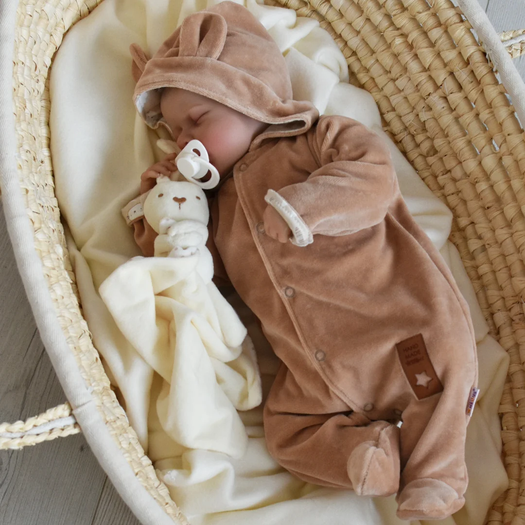Baby Nellys Semiškový, velurový overal s kapucí Baby Nellys New Bunny, hnědý, vel. 74