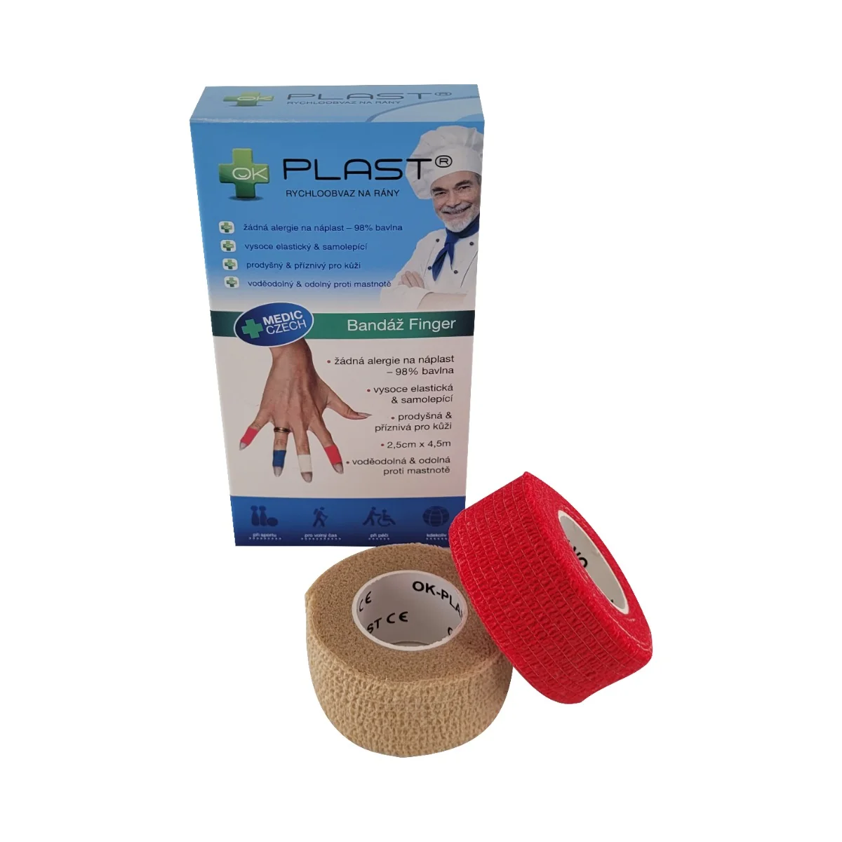 OK-plast Rychloobvaz Bandáž Finger 2,5 cm x 4,5 m 2 ks tělová a červená