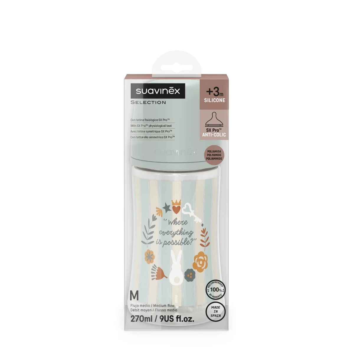 Suavinex Wonderland Kojenecká láhev průtok M 3m+ 270 ml 1 ks zelená