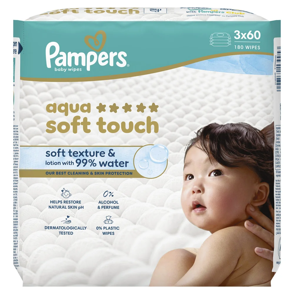 Pampers Aqua Soft Touch dětské čisticí ubrousky 3x60 ks