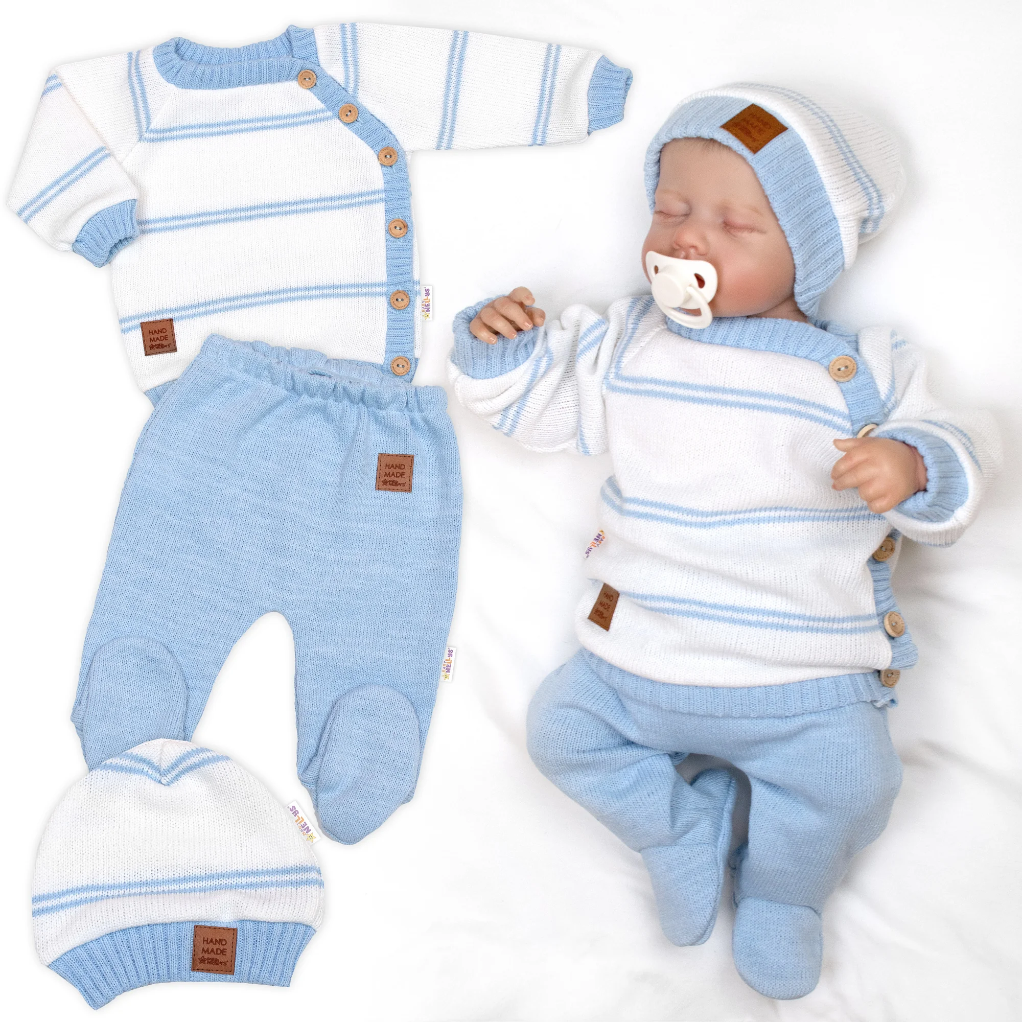 Baby Nellys Pletená sada s jemným proužkem 3D,lux,modrá/bílá,56