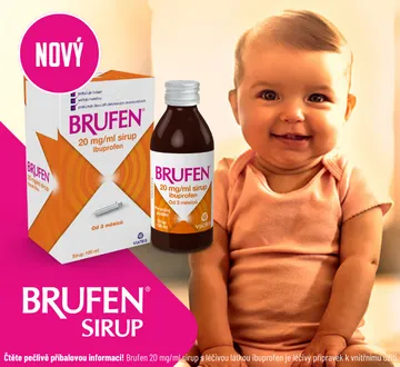 Brufen 20 mg/ml sirup 100 ml. Rychlá úleva od horečky. LÉČIVÝ PŘÍPRAVEK, ČTĚTE POZORNĚ PŘÍBALOVÝ LETÁK. Léčivou látkou je ibuprofenum 100 mg v 5 ml sirupu.