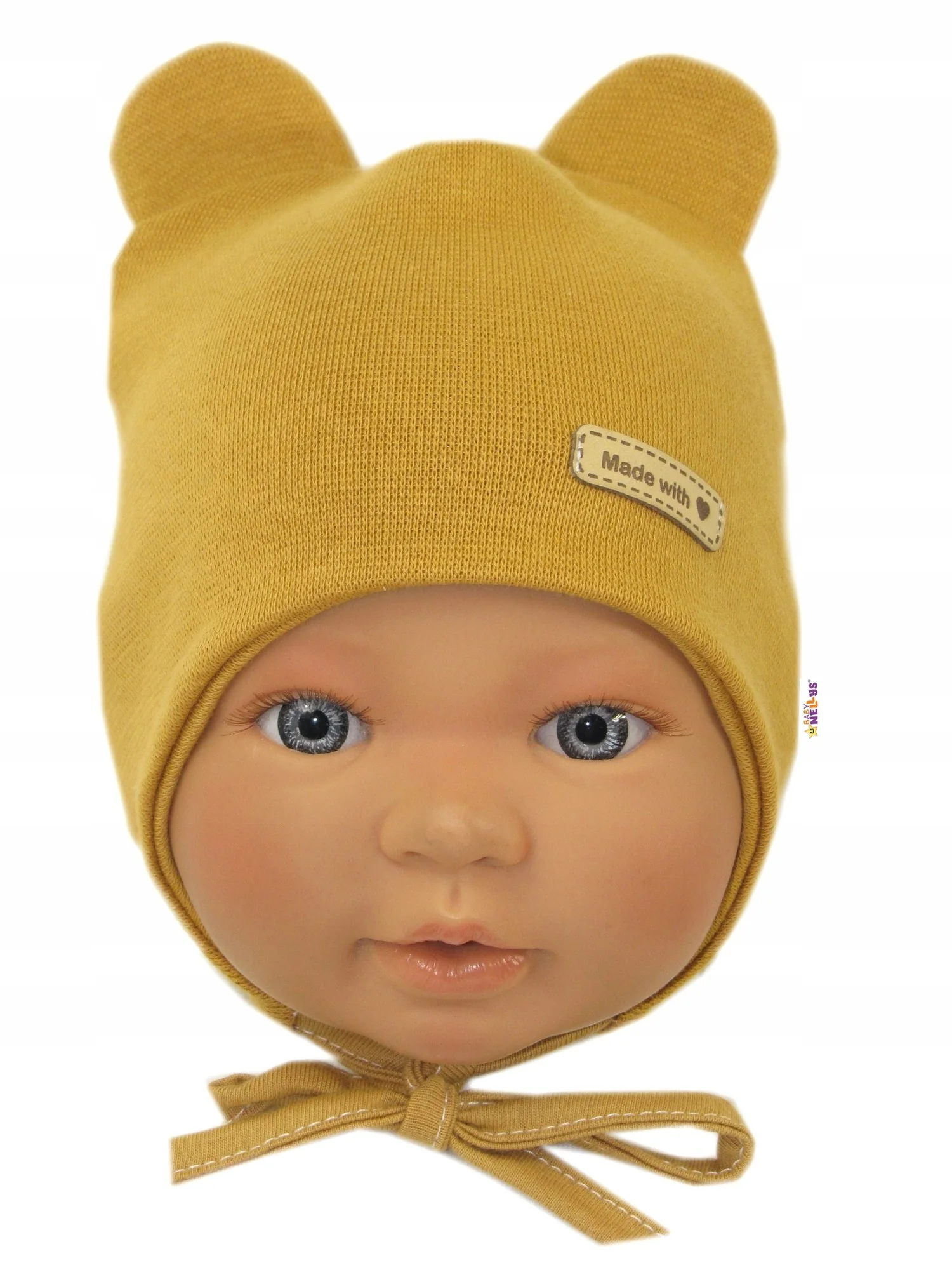 Baby Nellys Čepička na zavazování, bavlna, Little Teddy, hořčicová