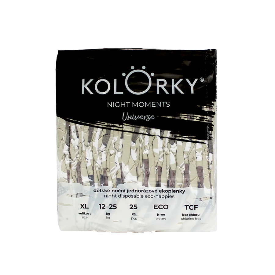 KOLORKY NIGHT MOMENTS Noční jednorázové eko plenky vel. XL 12-25 kg 25 ks vesmír